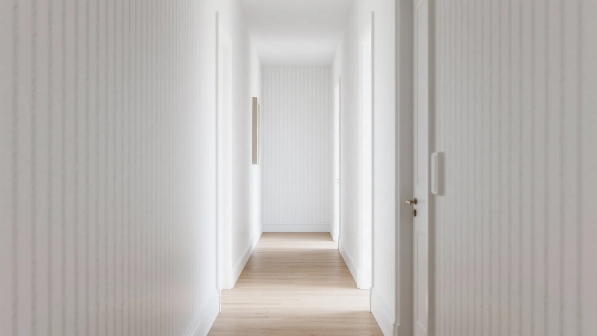 Narrow corridor with white-on-white vertical pinstripe wallpaper that visually elongates the space.