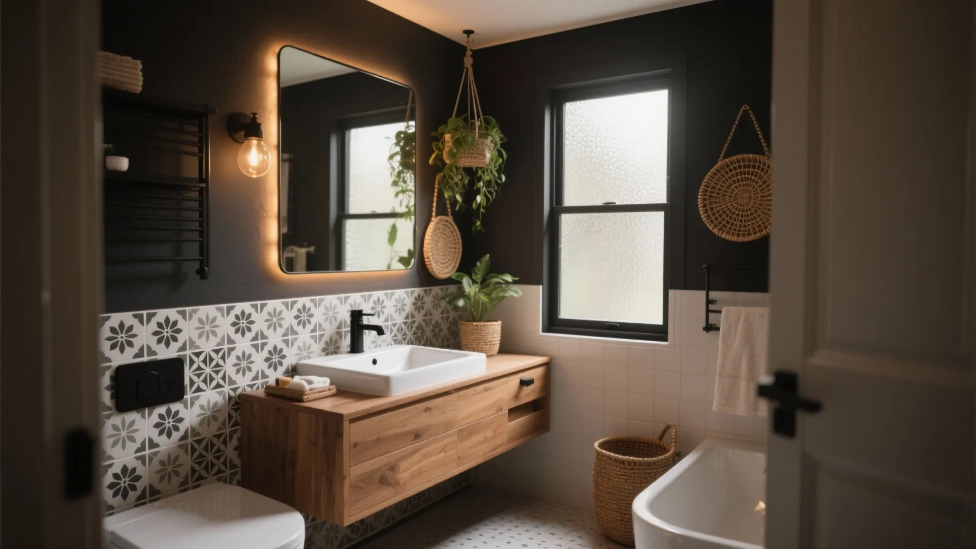 Bohemian bathroom with black walls patterned tiles wooden cabinet lighted mirror plants and a small window
