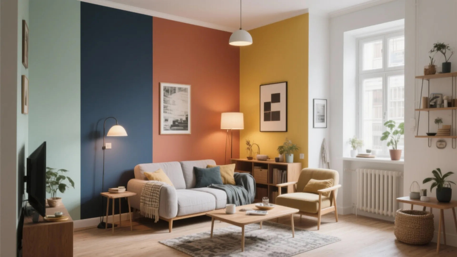 Modern living room featuring a colorful accent wall with blue orange and yellow painted panels