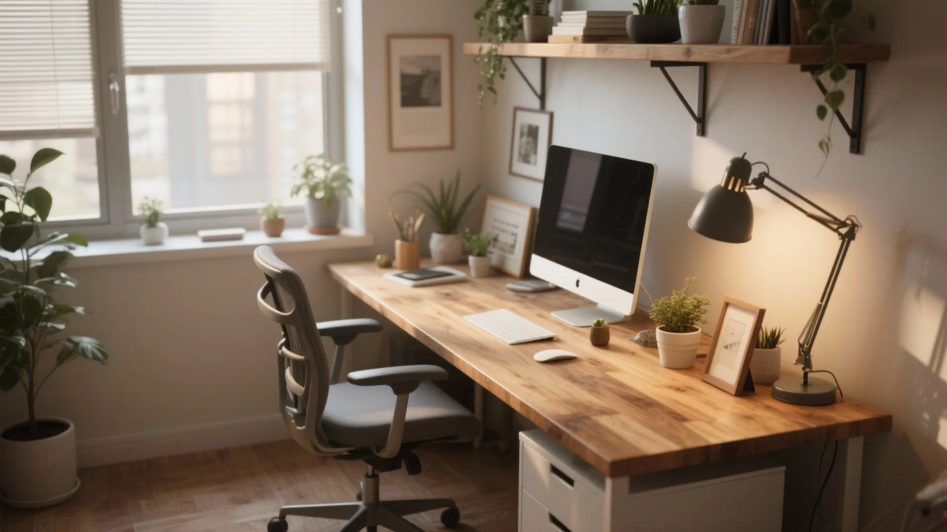Modern home office with wooden desk computer grey chair many green plants and natural light