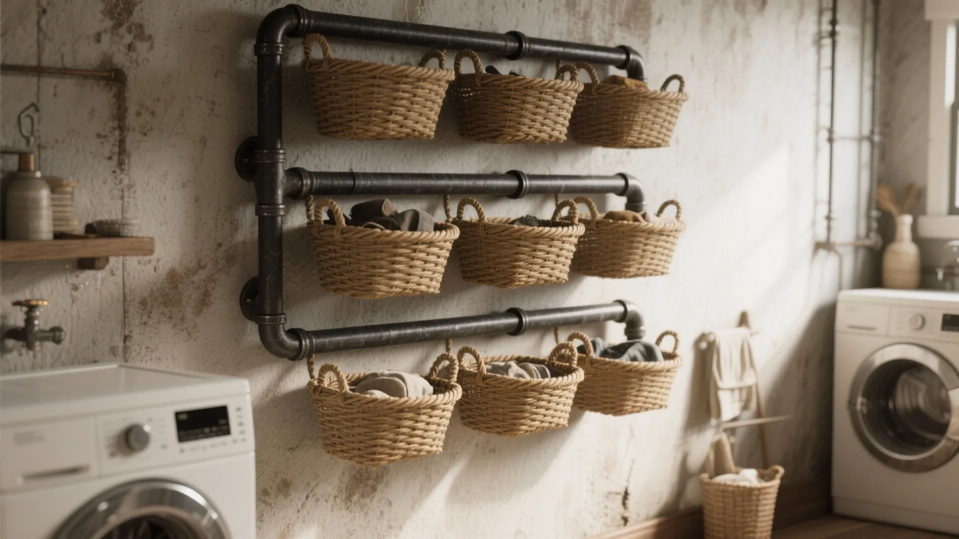 Wall mounted black metal pipe rack holding nine woven baskets for laundry room wall organization