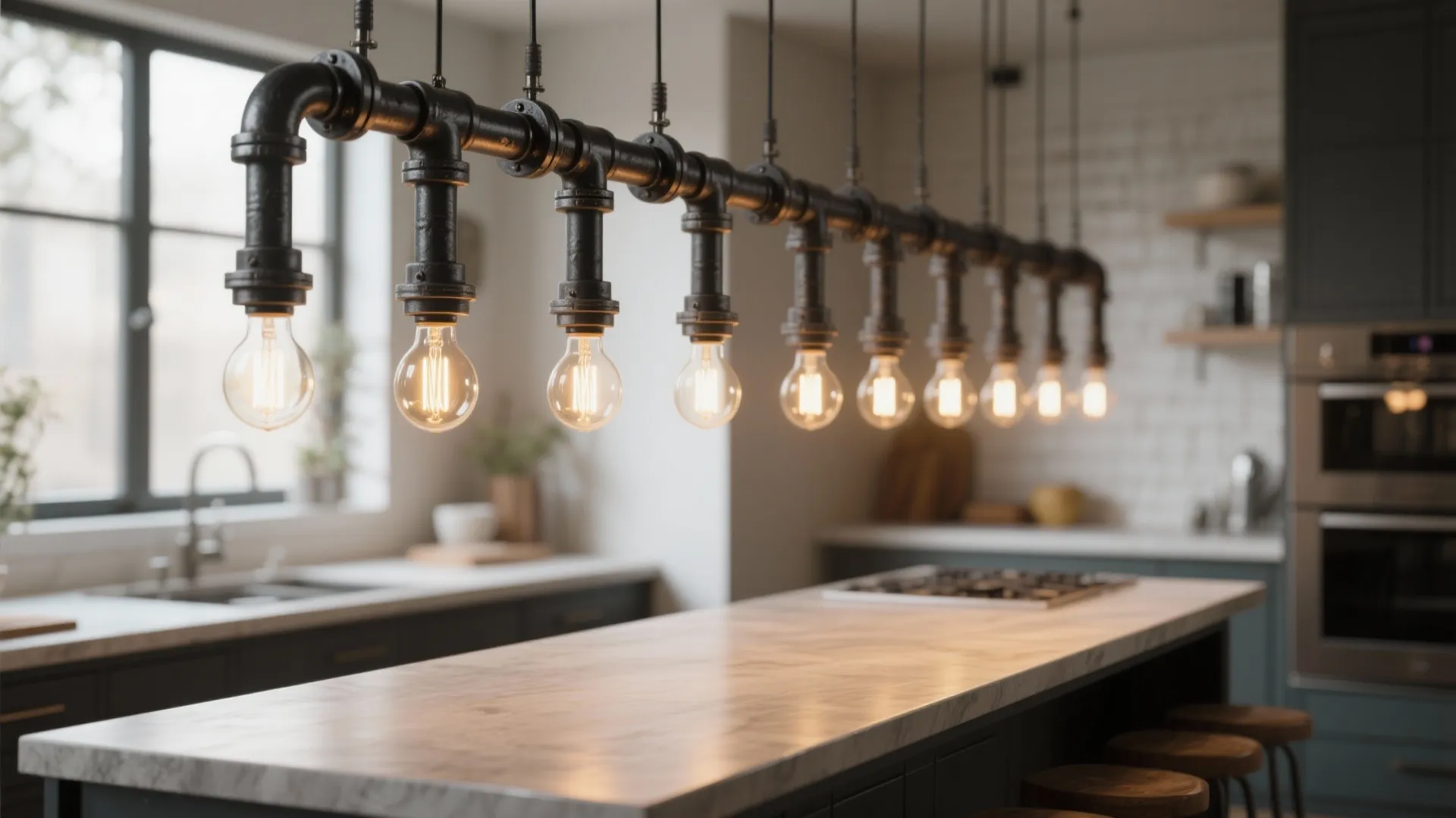 Industrial kitchen island featuring a long black pipe light fixture with many hanging light bulbs