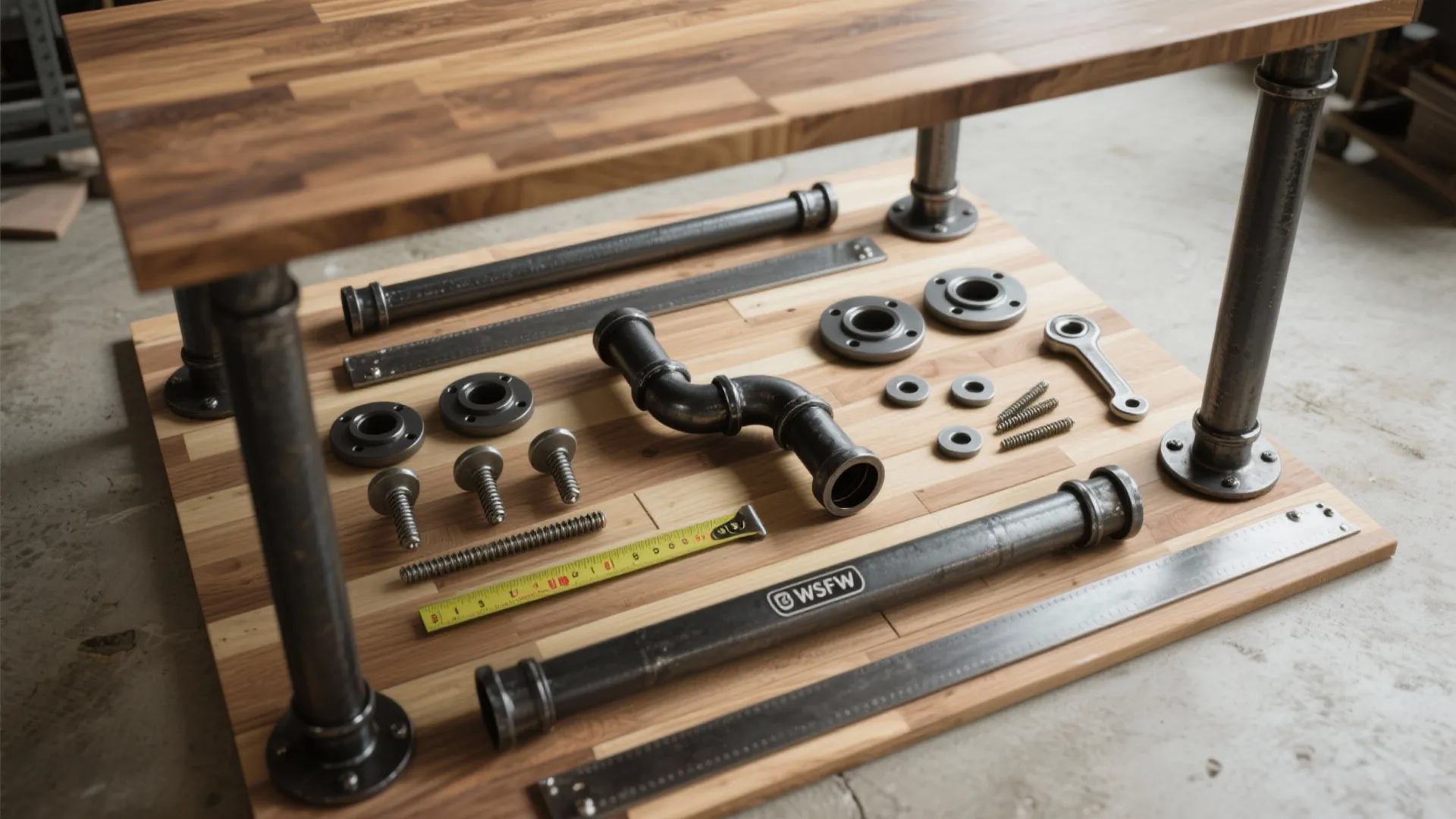 Butcher-block slab on pipe legs (industrial and affordable)