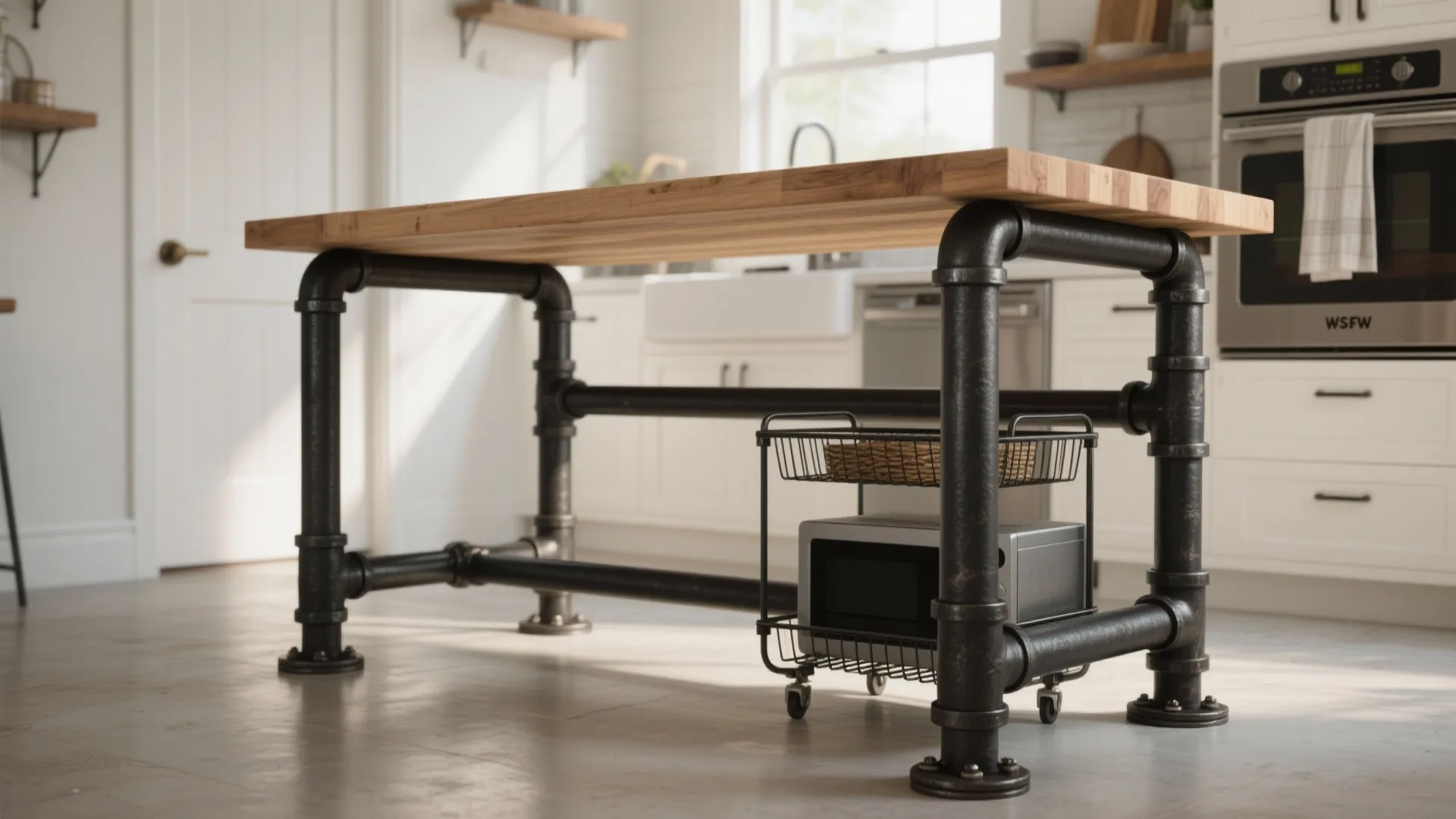 Butcher-block slab on pipe legs (industrial and affordable)