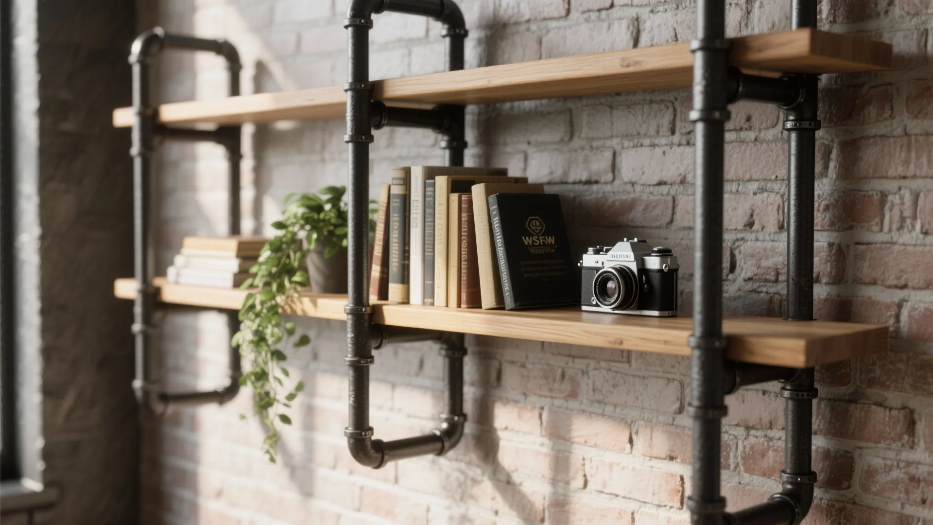 Industrial wall shelves made from black pipes and wood holding books and camera on brick
