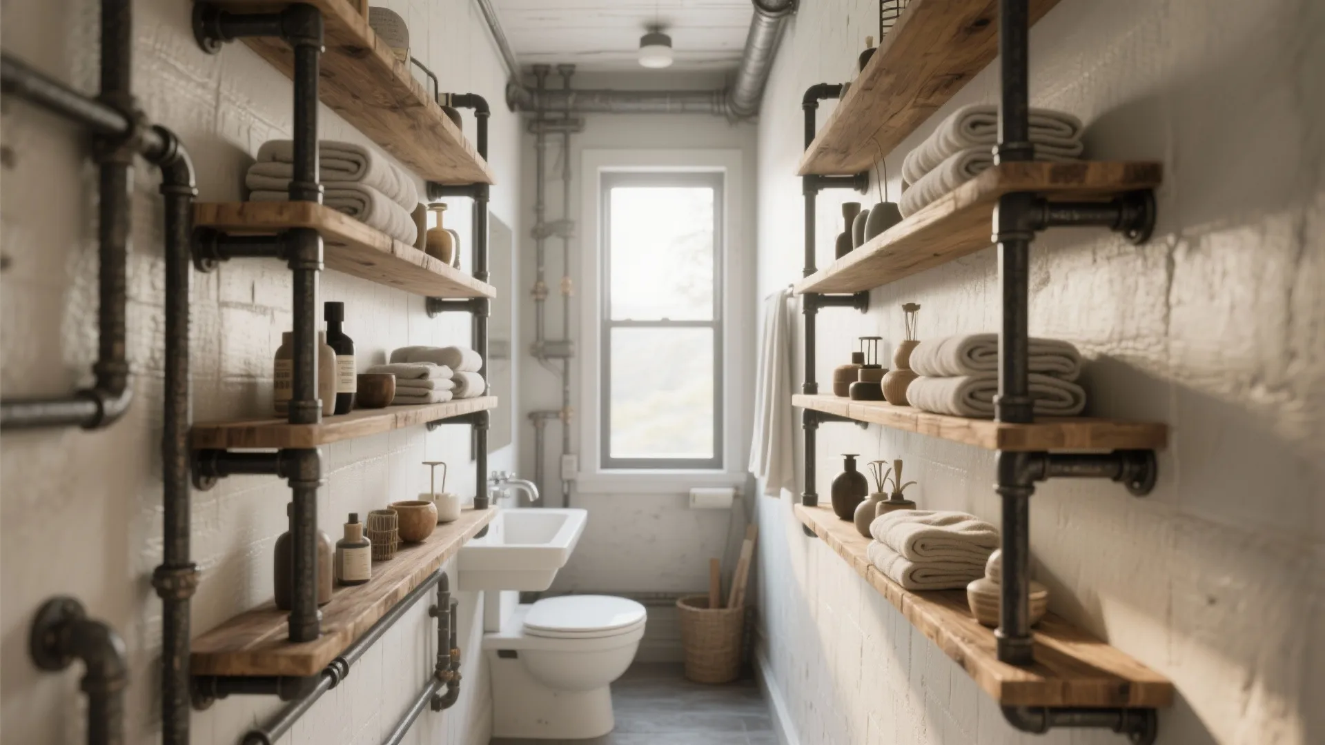 Industrial bathroom with wooden shelves on black pipes against white brick walls and small toilet