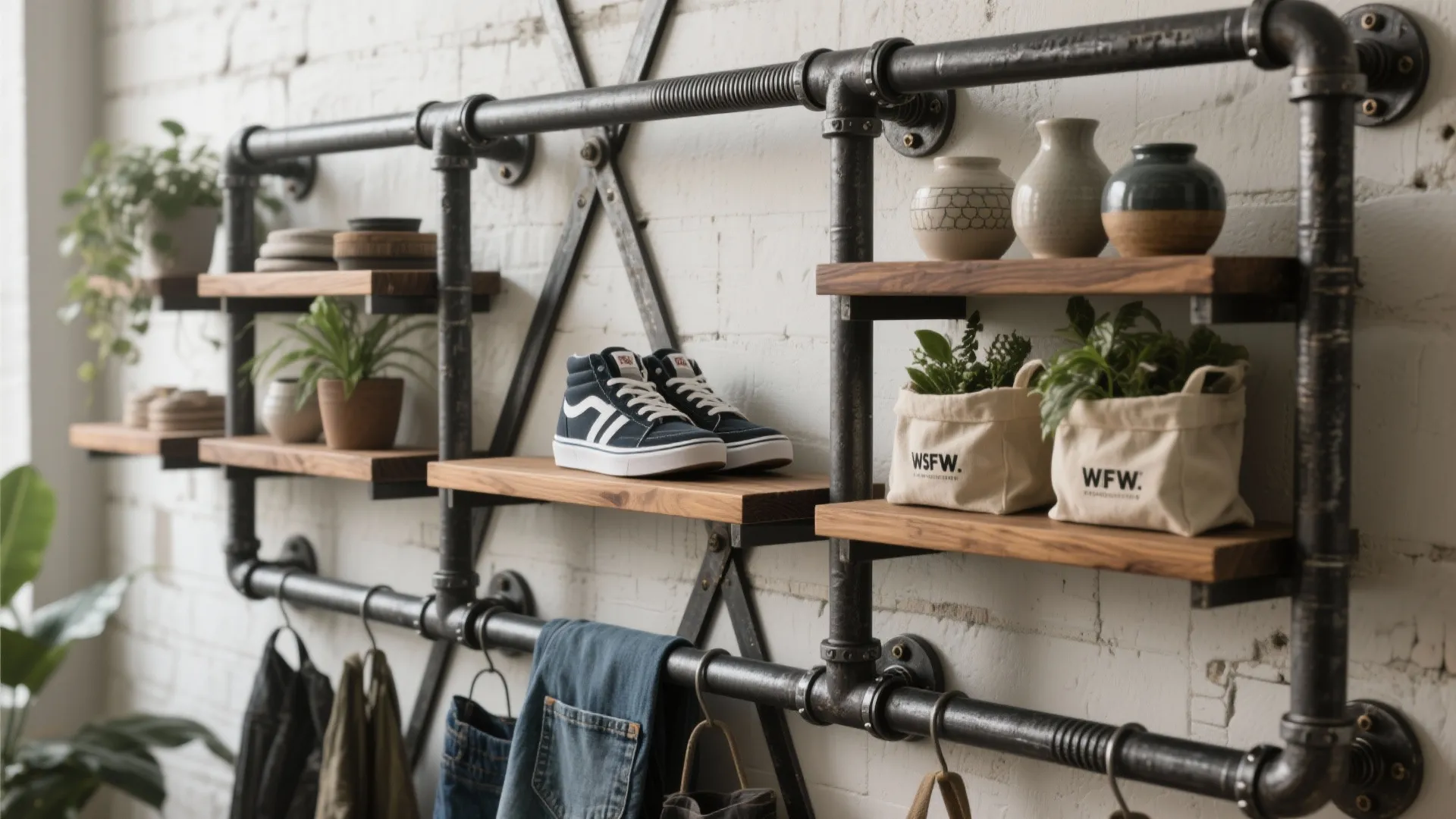 Industrial wall shelving made of black pipes and wood boards holding shoes plants and vases