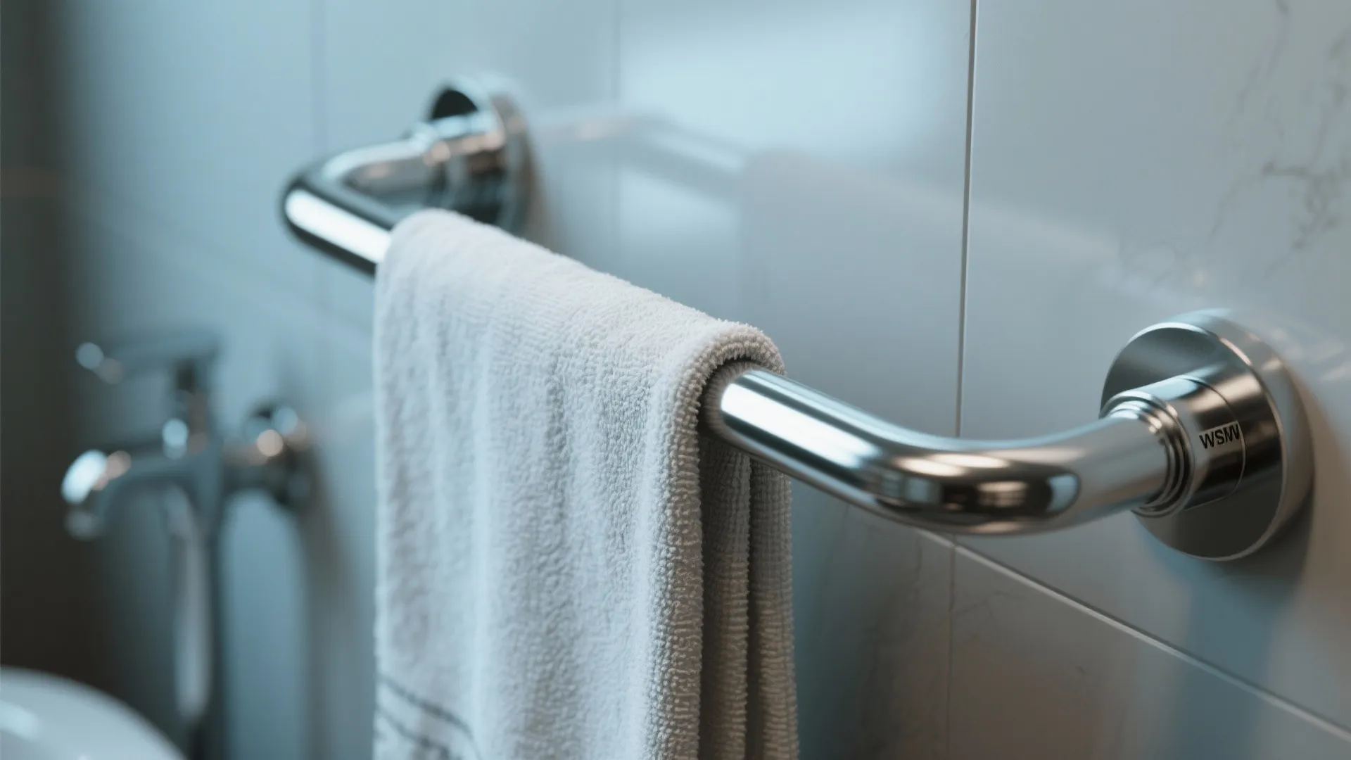 Chrome towel rack with a white towel hanging in a bathroom with a silver faucet