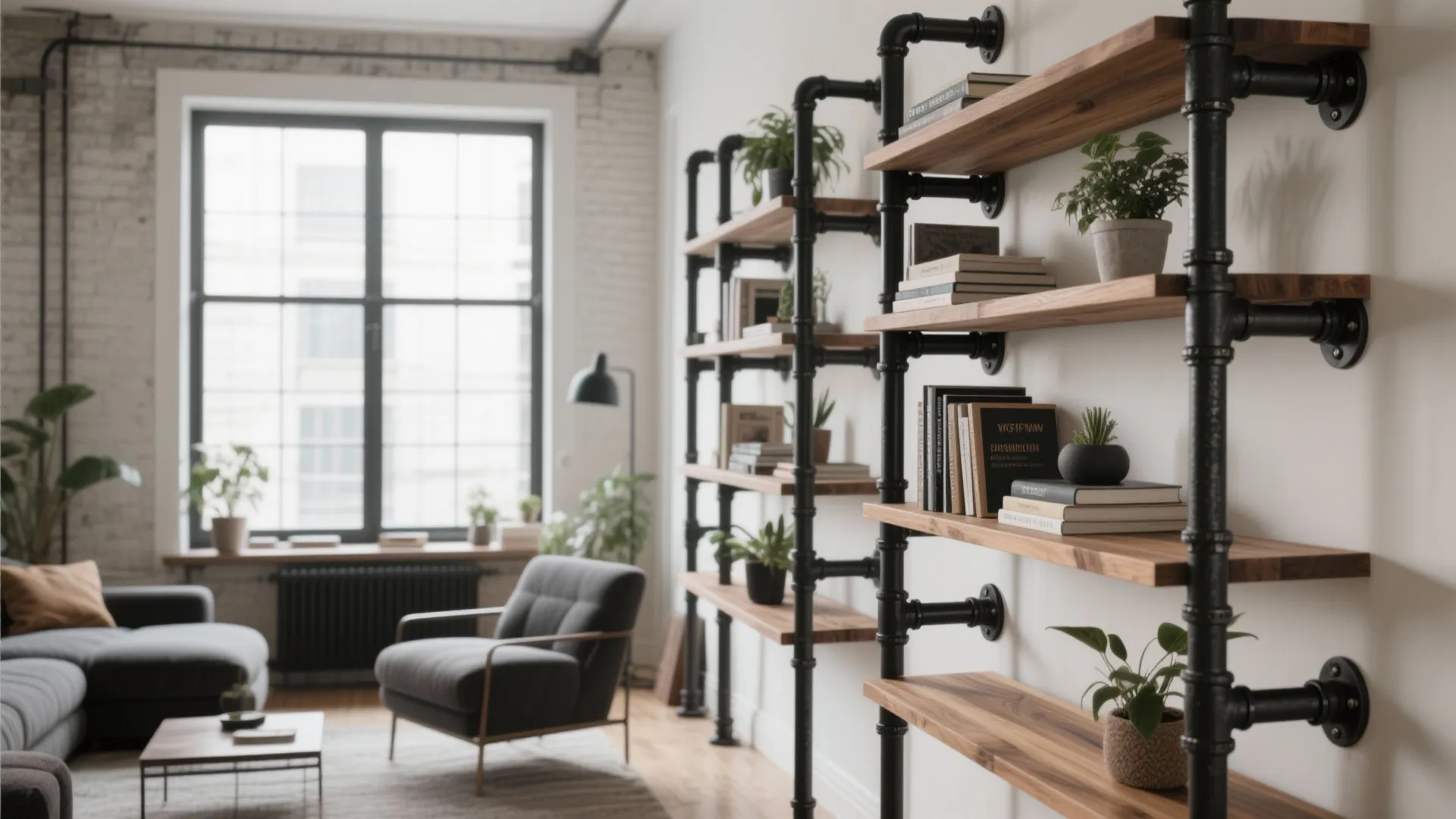 5) Industrial Pipe Racks + Solid Wood Planks