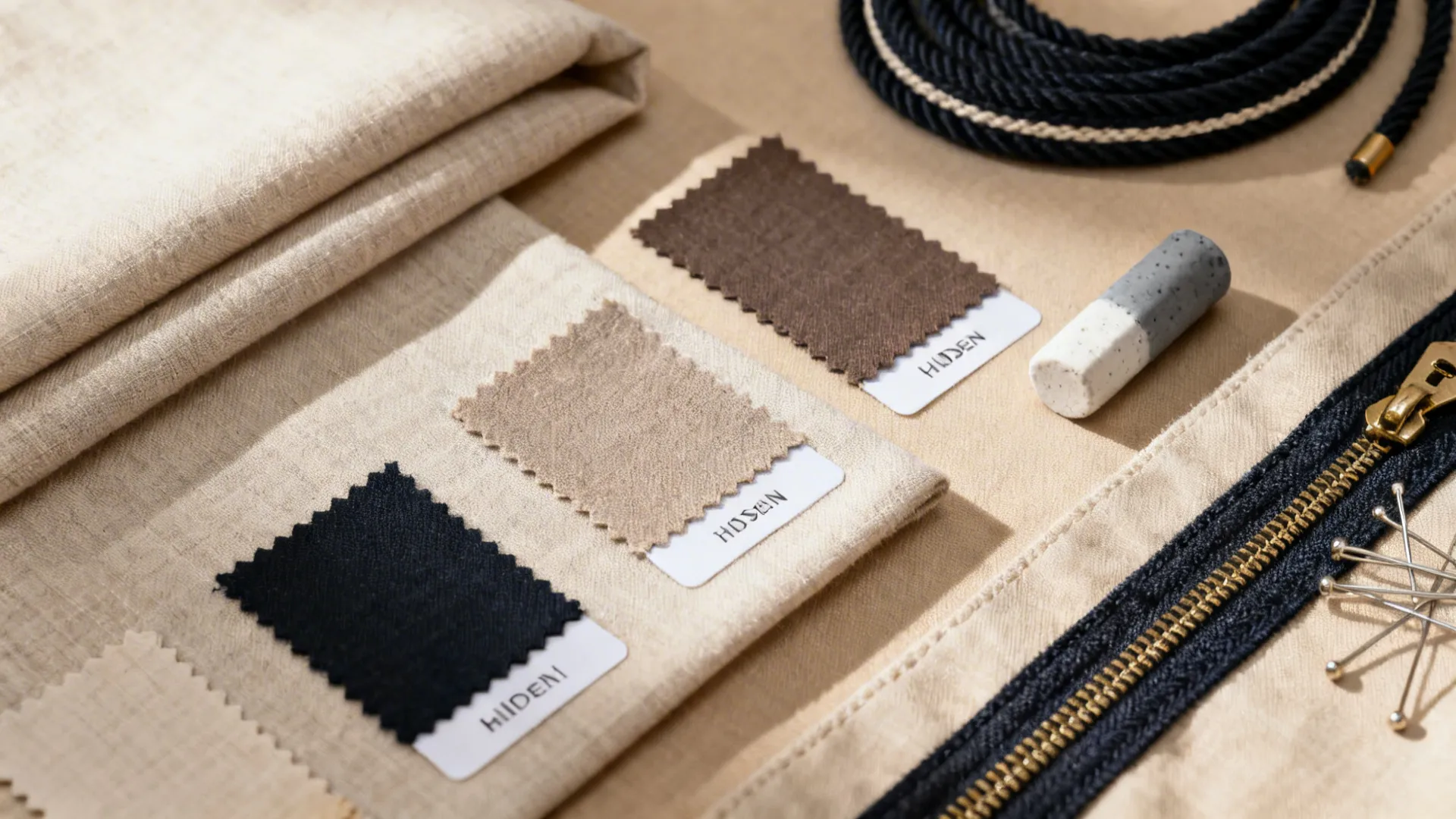 Fabric swatches with linen material plus a zipper rope and pins on a light workspace table