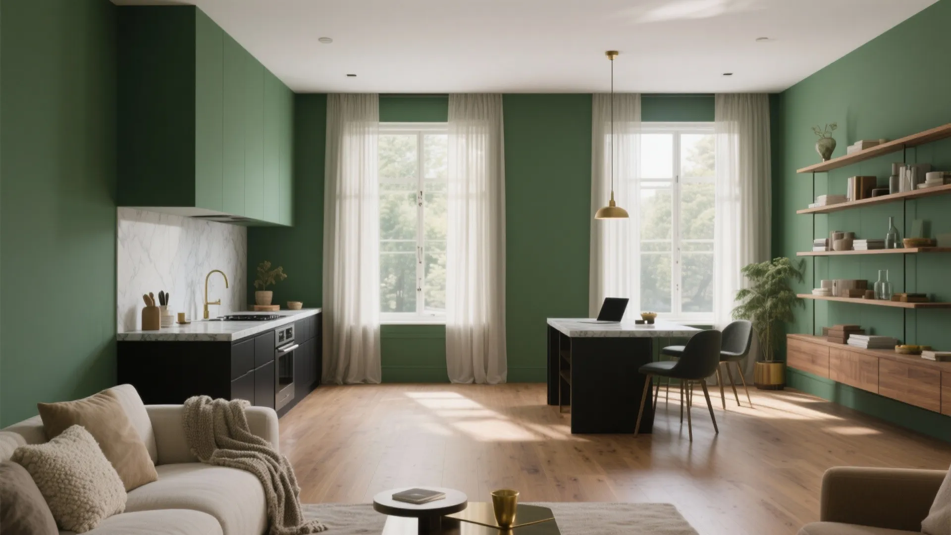 Modern open plan green kitchen and living room area with wooden floors and natural light