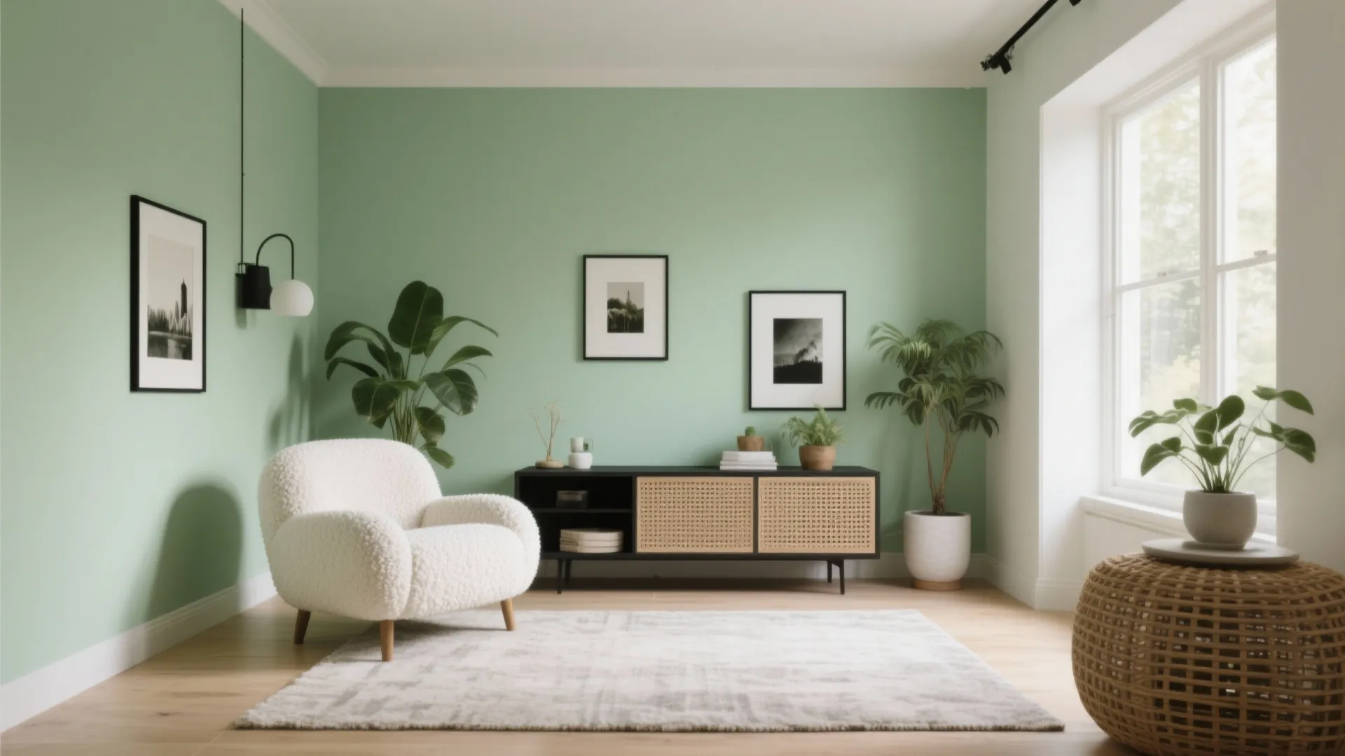 Modern living room with green walls white armchair black cabinet rug plants and framed wall decor