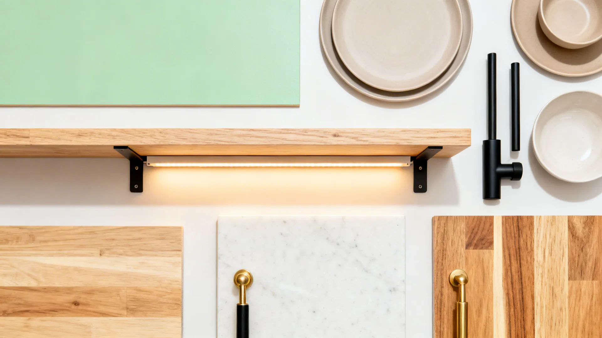 Flat lay with pistachio swatch, oak shelf, quartz, butcher-block, LED strip, and hardware.