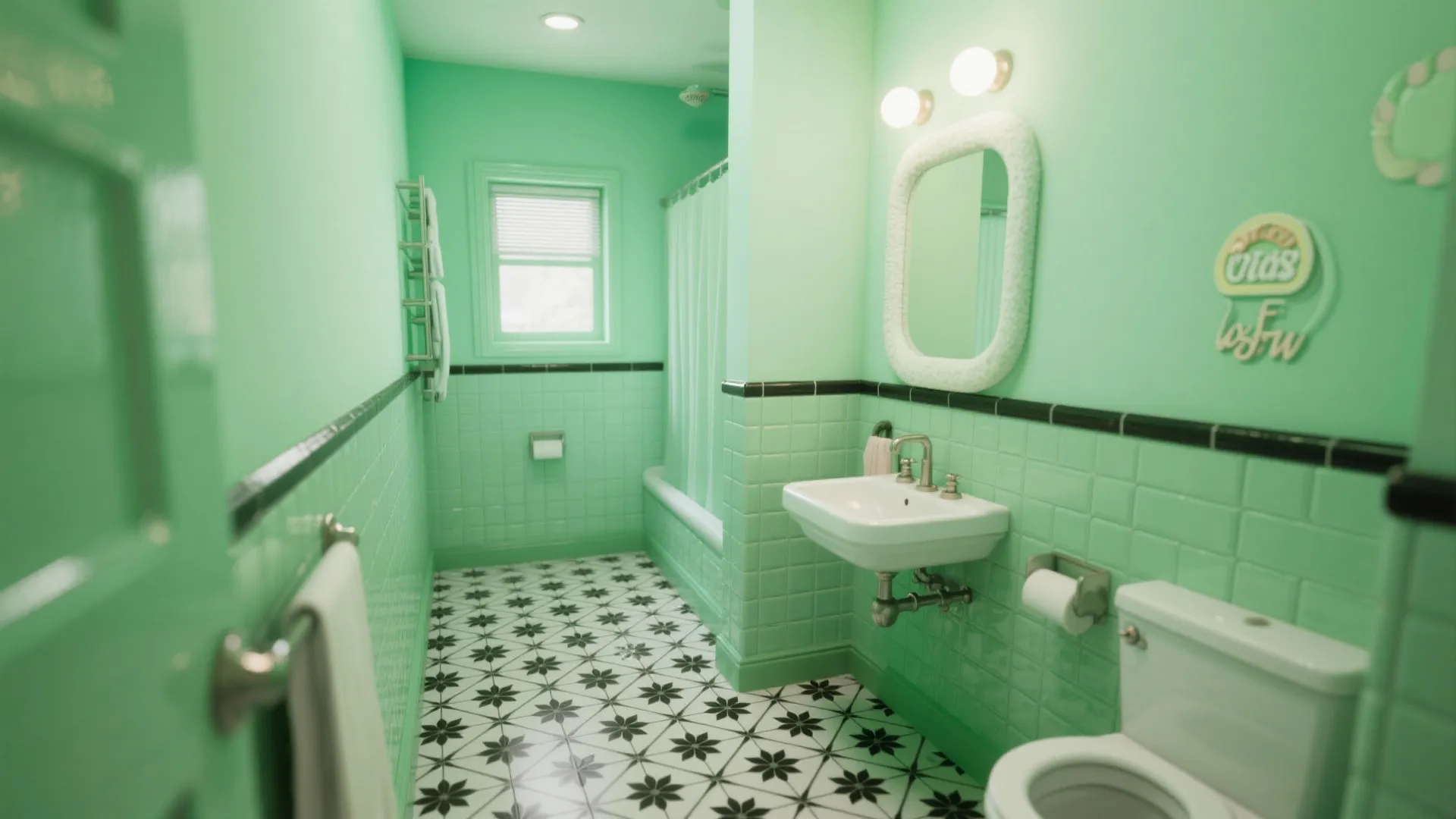 Pistachio green bathroom with floral patterned floor tiles white sink toilet and white wall lights
