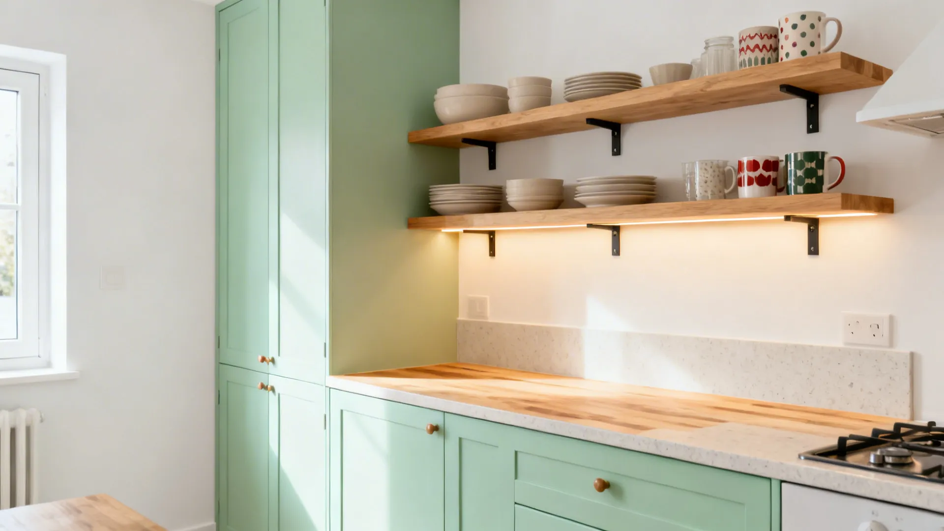 Pistachio pastel base cabinets with two floating oak shelves in a bright small kitchenette.