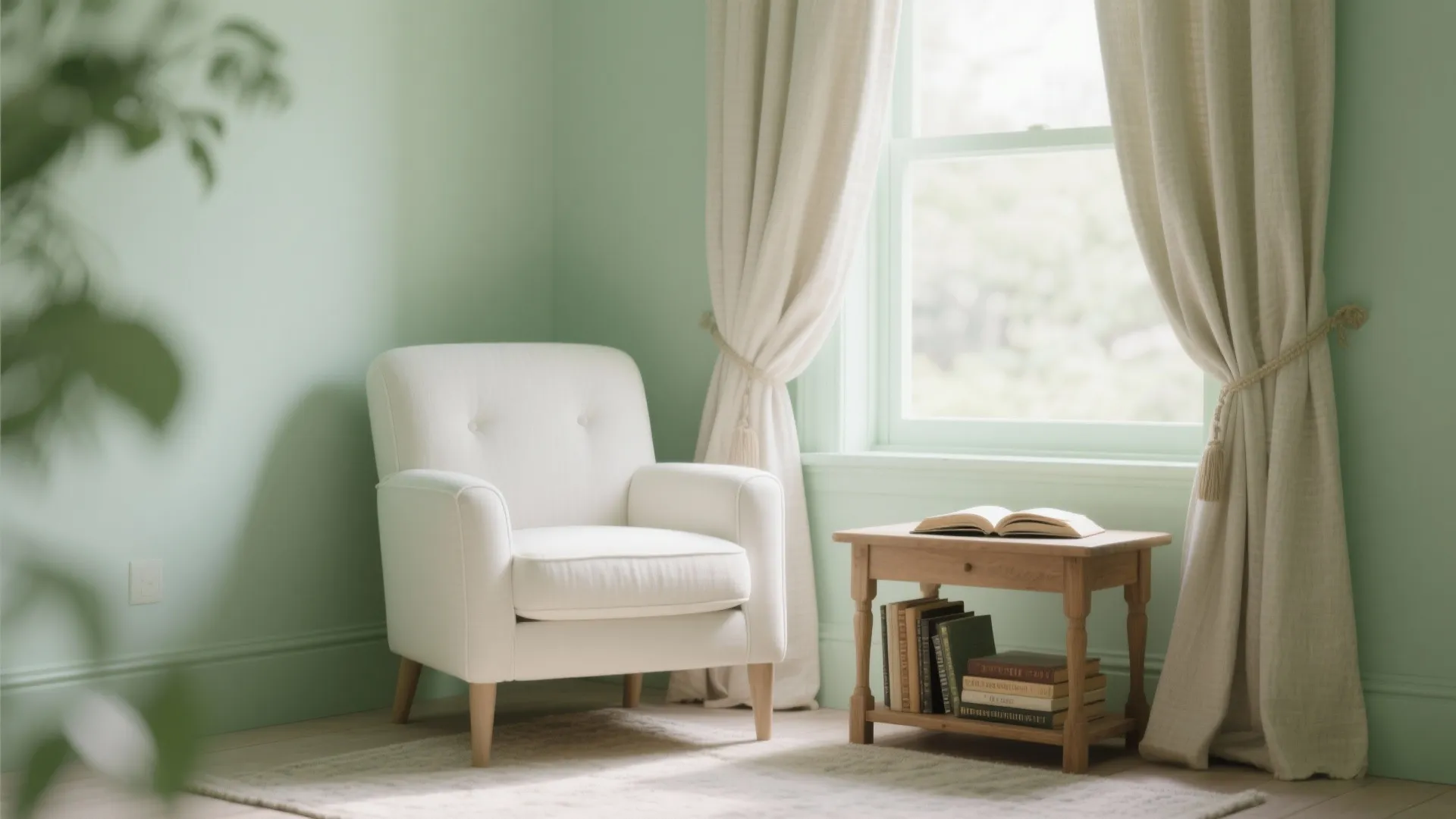 Pistachio green reading nook with white armchair and wooden table