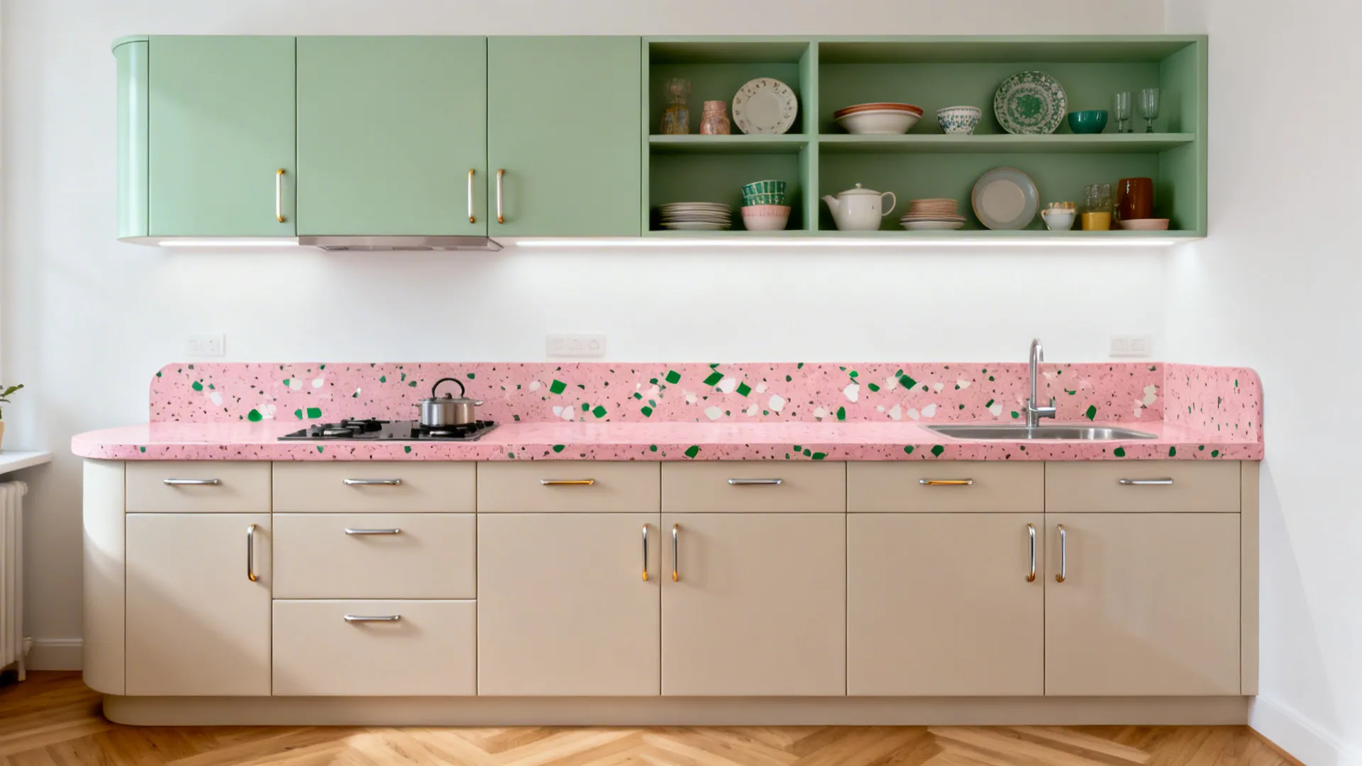 Compact retro kitchen with pistachio uppers and a pink terrazzo countertop.