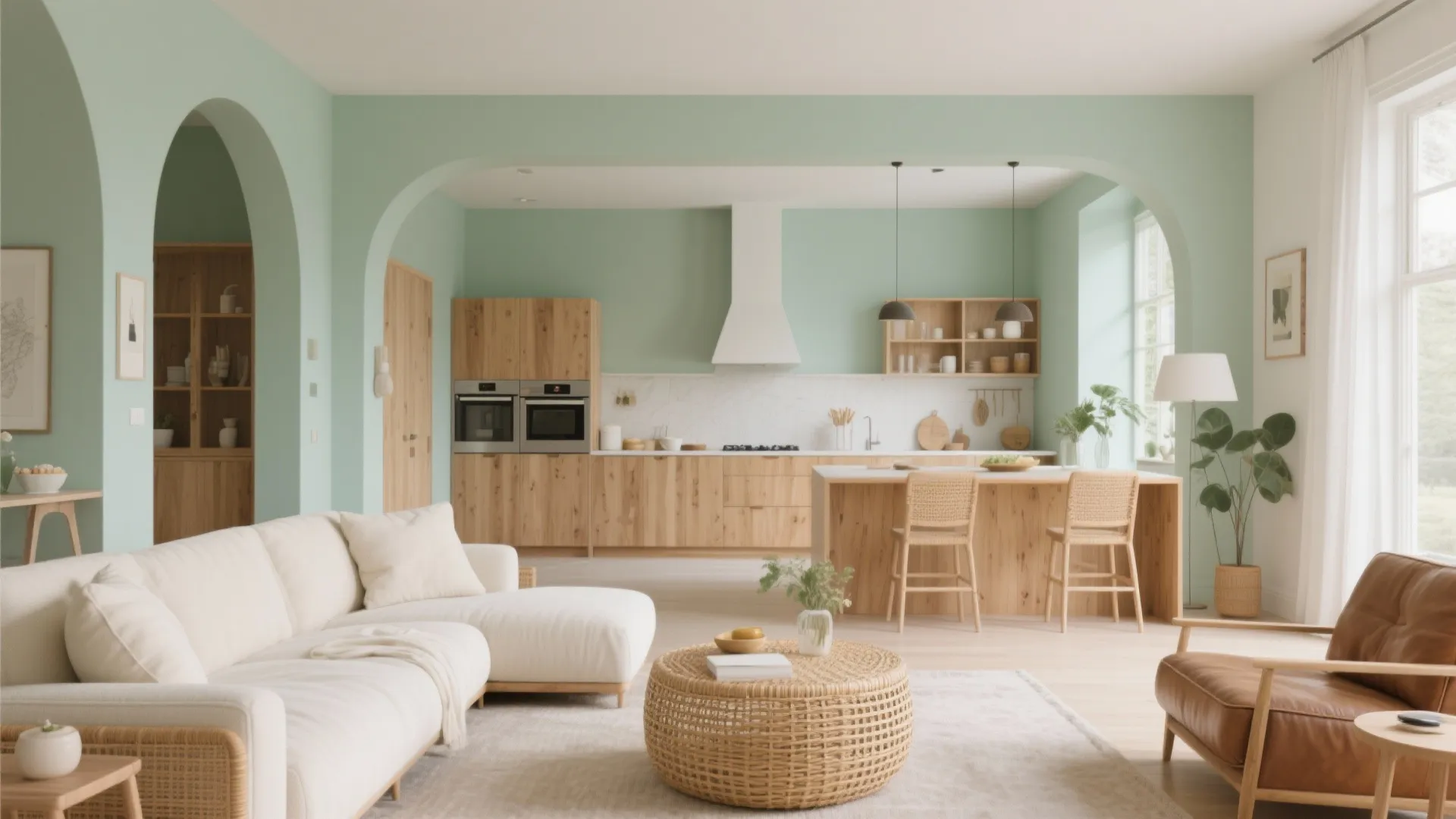 Modern open living room and kitchen featuring light green walls wooden cabinets and white sofa