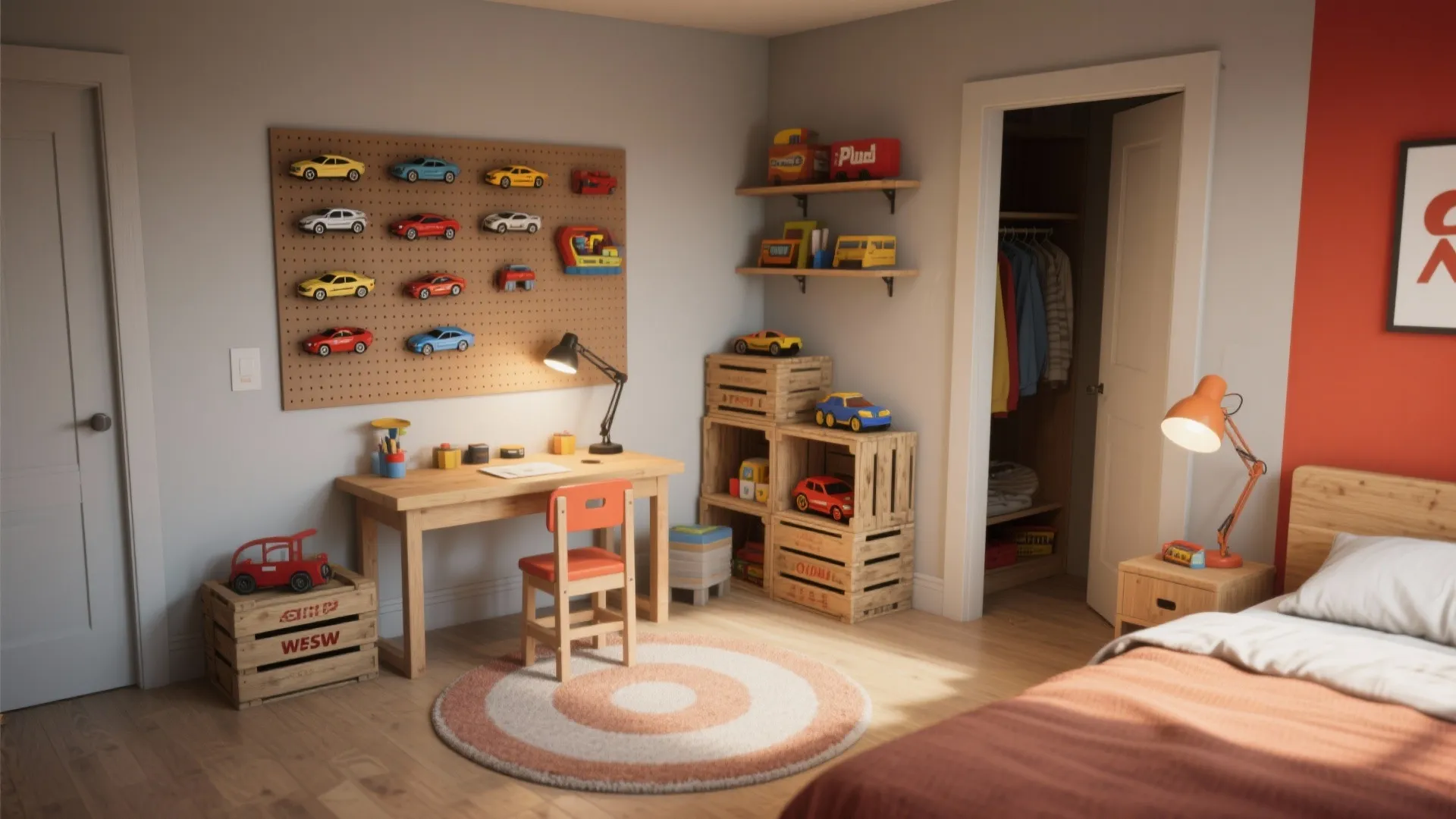 Kids study area with wooden desk pegboard for toy cars and orange chair near closet