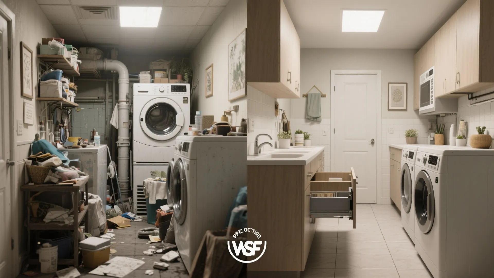 Before and after comparison of a messy laundry room transformed into a clean organized laundry area