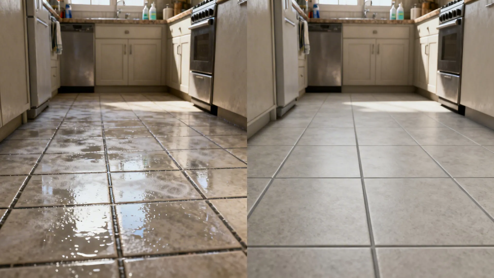 Before-and-after comparison of slippery glossy tile versus safe matte textured porcelain.