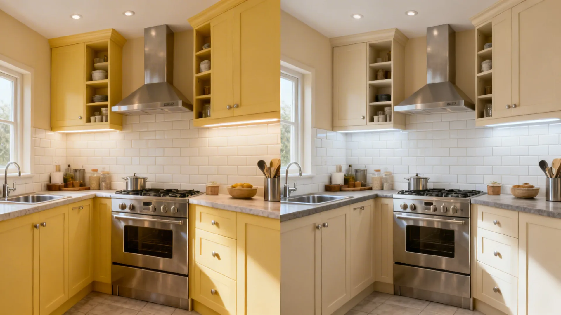 Before: yellow cast and harsh light; After: biscuit walls, balanced lighting, cohesive cabinets and metals.