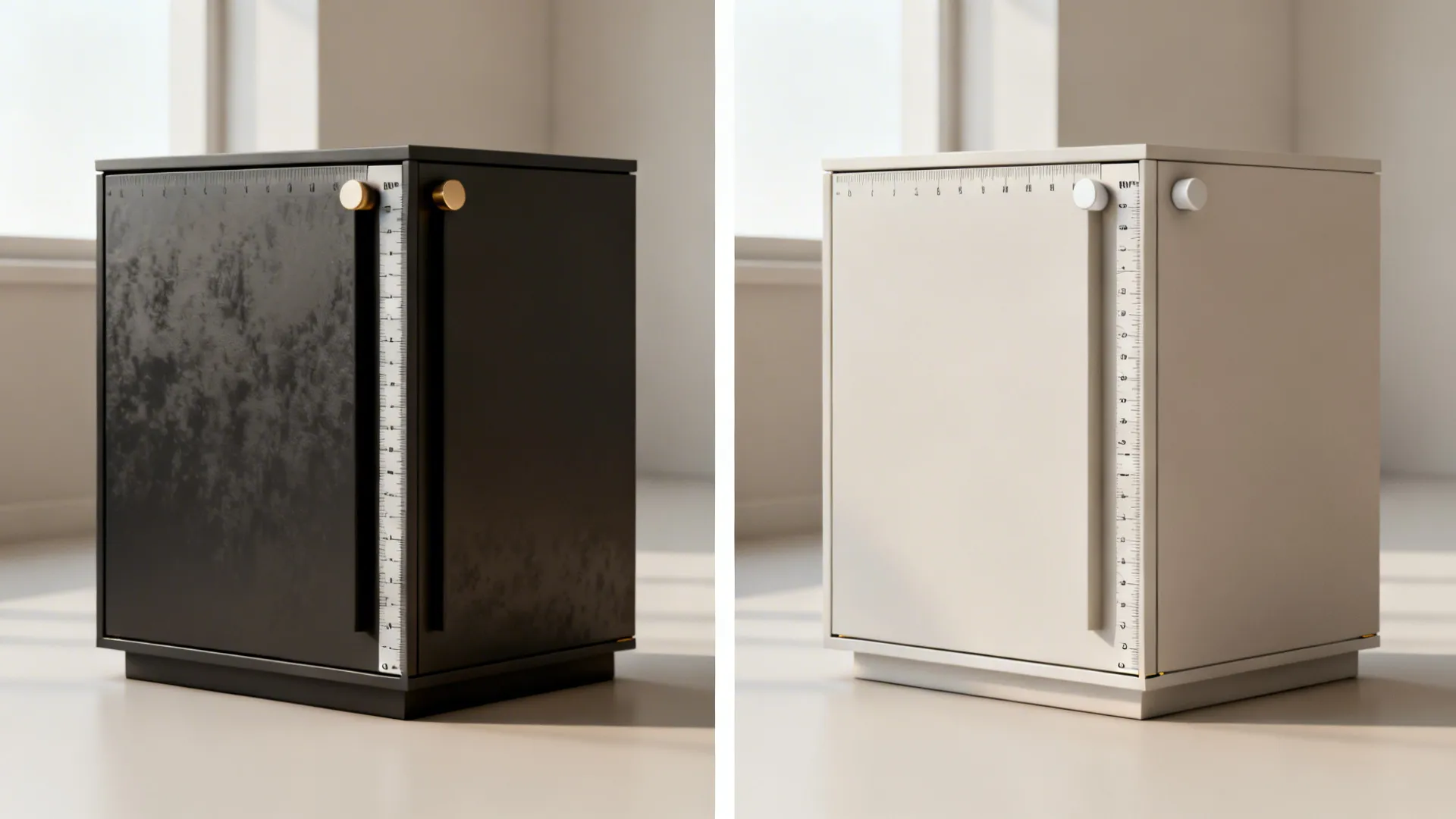Before-and-after comparison showing corrected scale, normals, smoothing, and clean reveals on cabinets.
