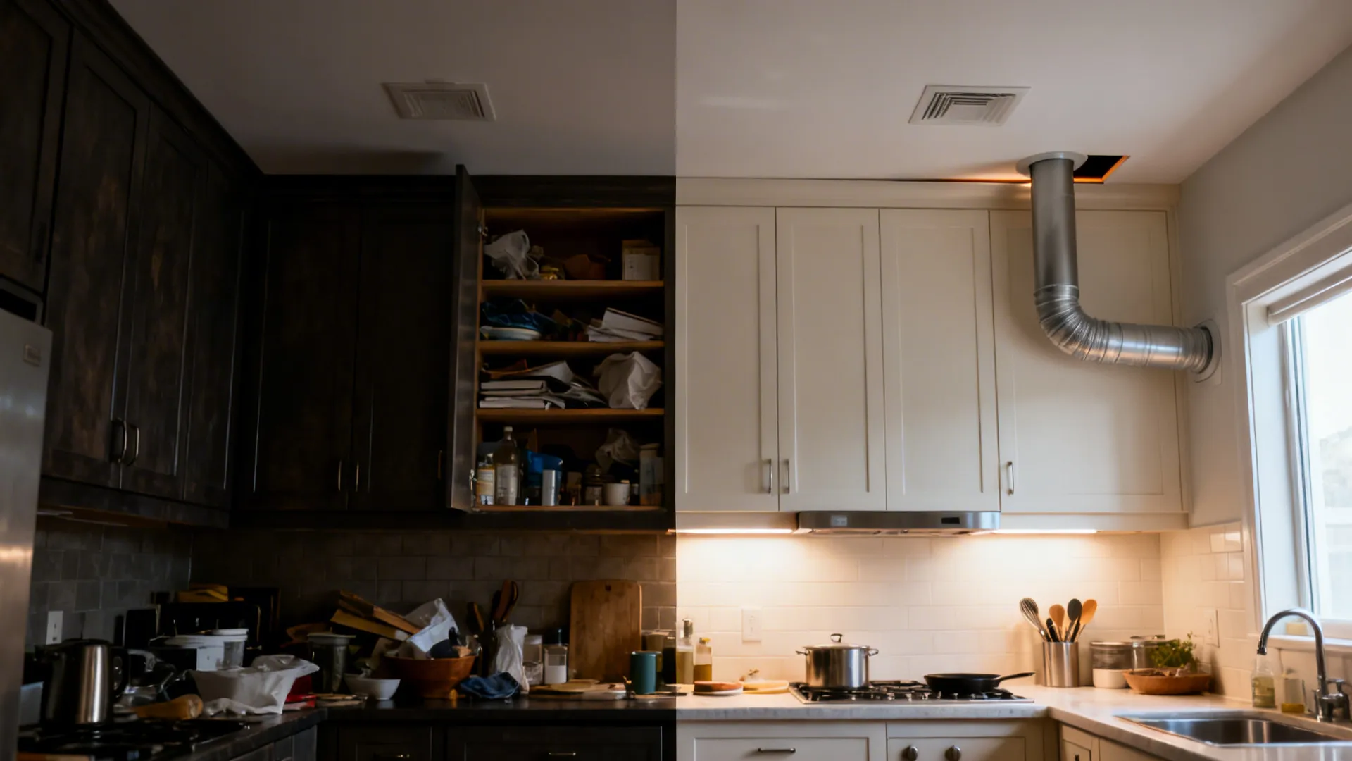 Side-by-side compact kitchen showing cluttered dark uppers versus lighter uppers with task lighting and ventilation.