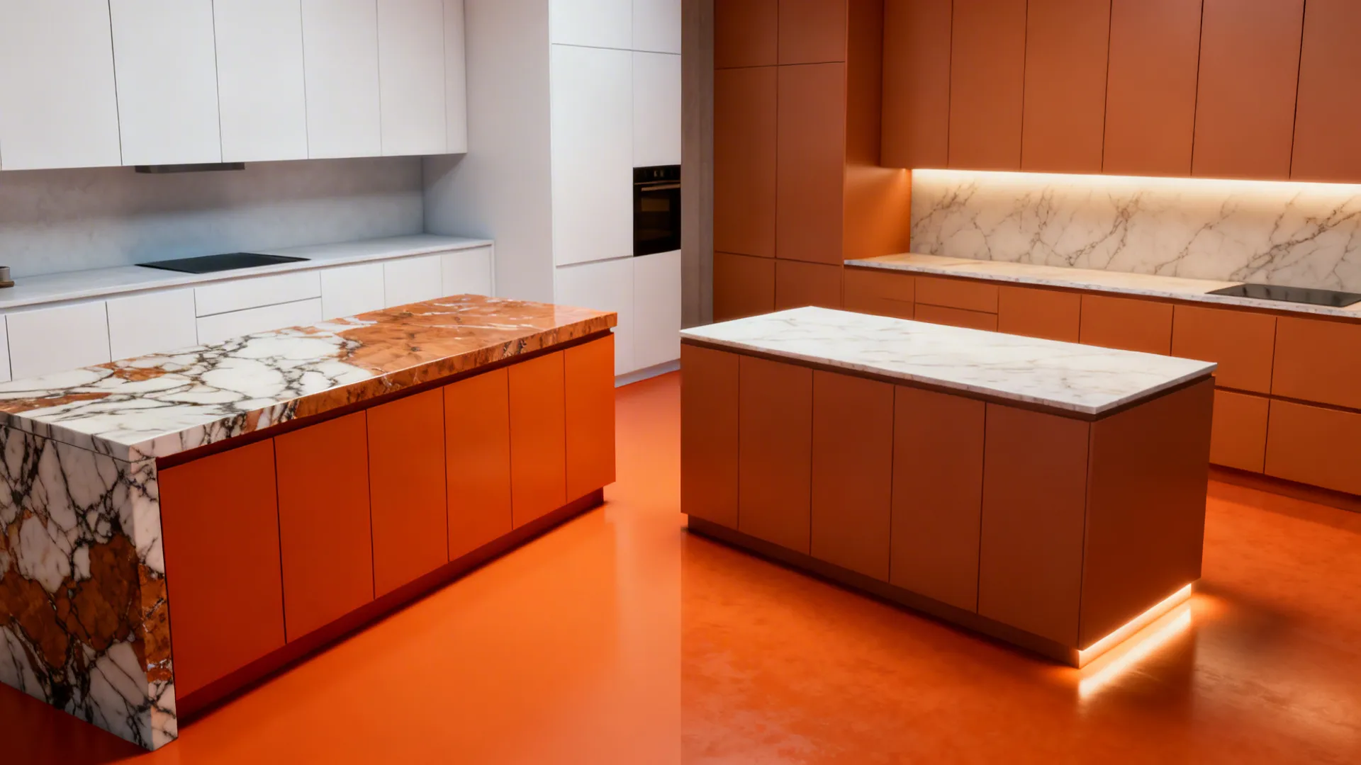 Side-by-side of mismatched kitchen palette before and corrected undertones after