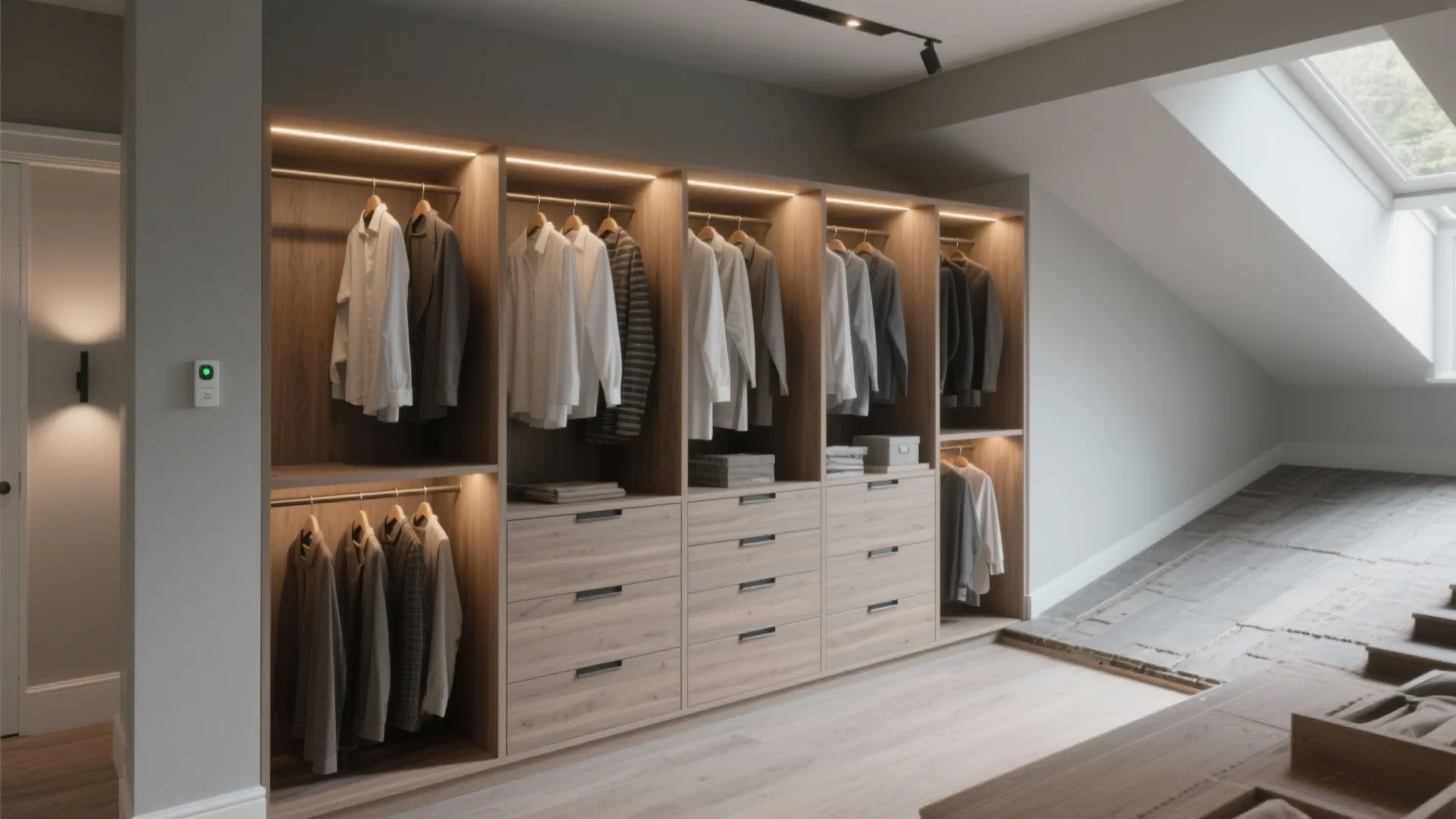 Modern wooden closet with internal lights hanging clothes drawers and a very large roof window