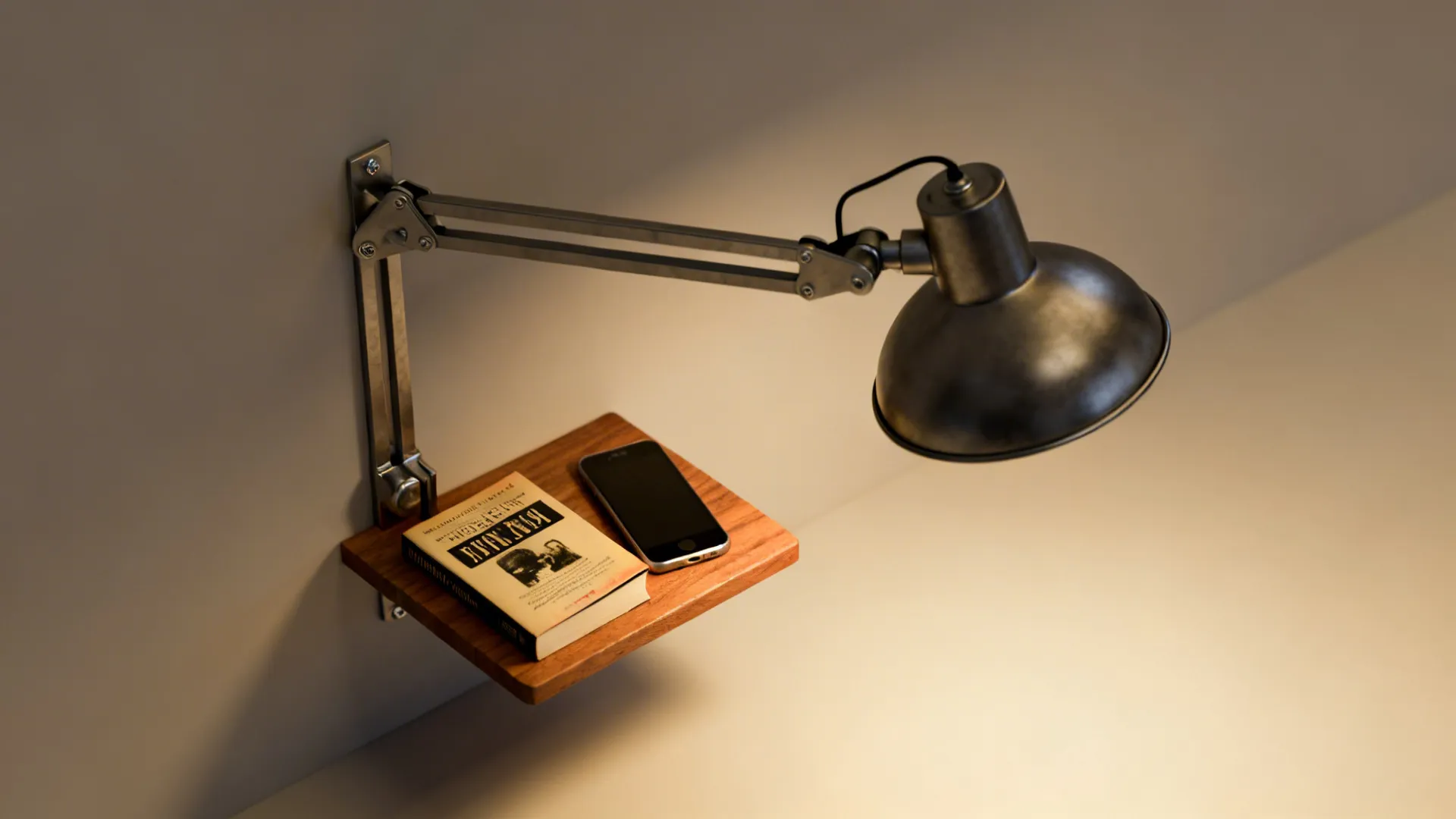 Adjustable pivot-arm sconce with integrated wooden shelf holding a book and phone, highlighting functionality.