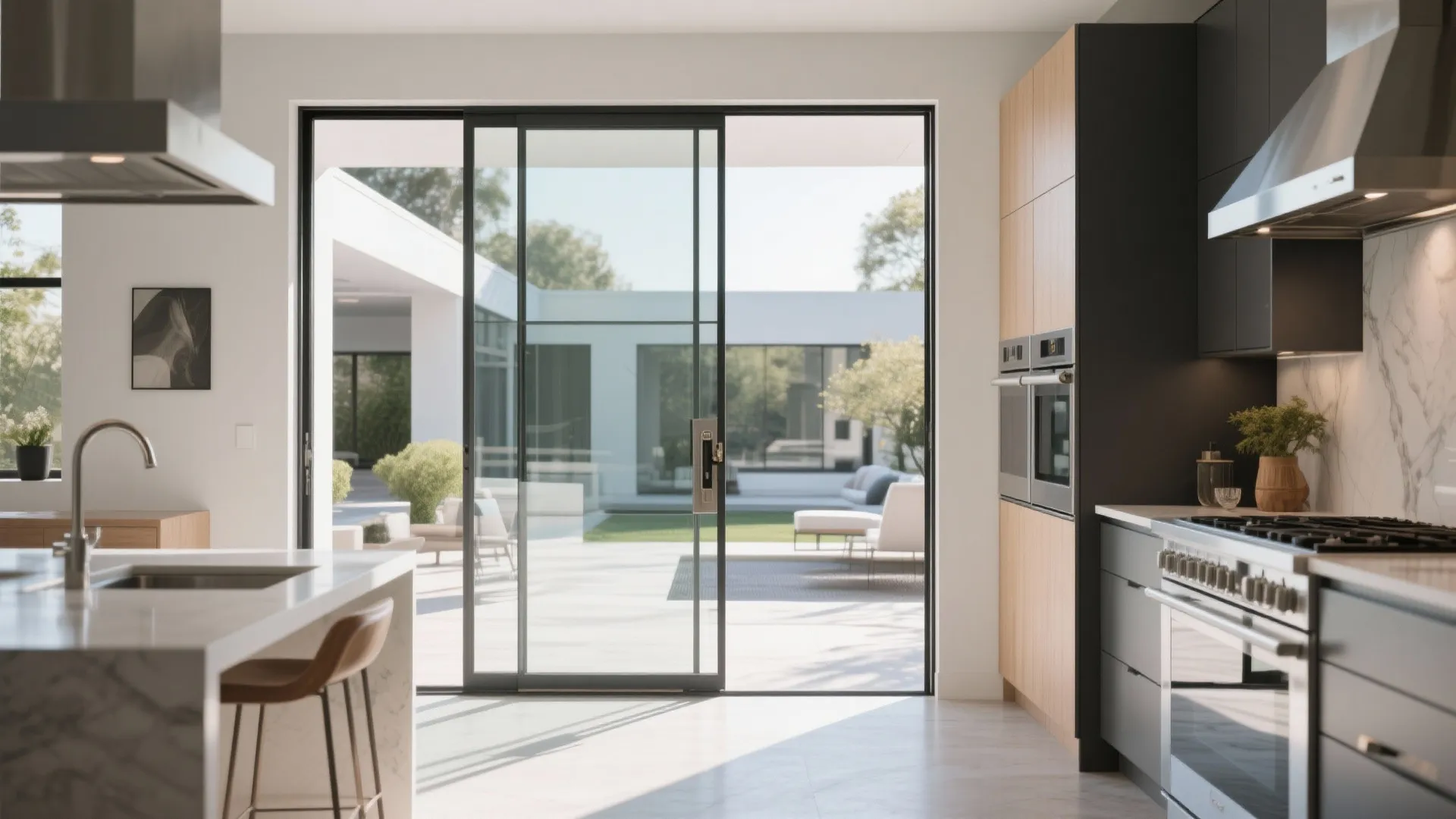 Modern kitchen with large sliding glass door leading to a courtyard with patio seating area