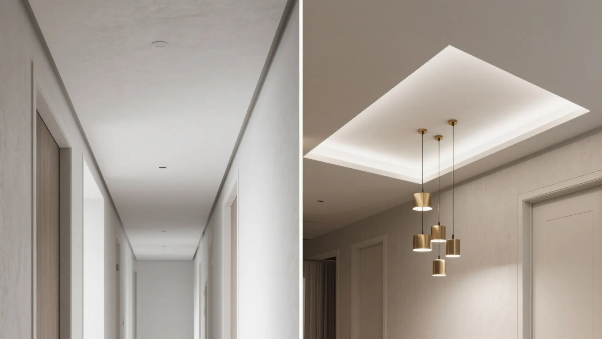 Before-and-after comparison of a hallway showing a flat white ceiling versus new gold ceiling lights