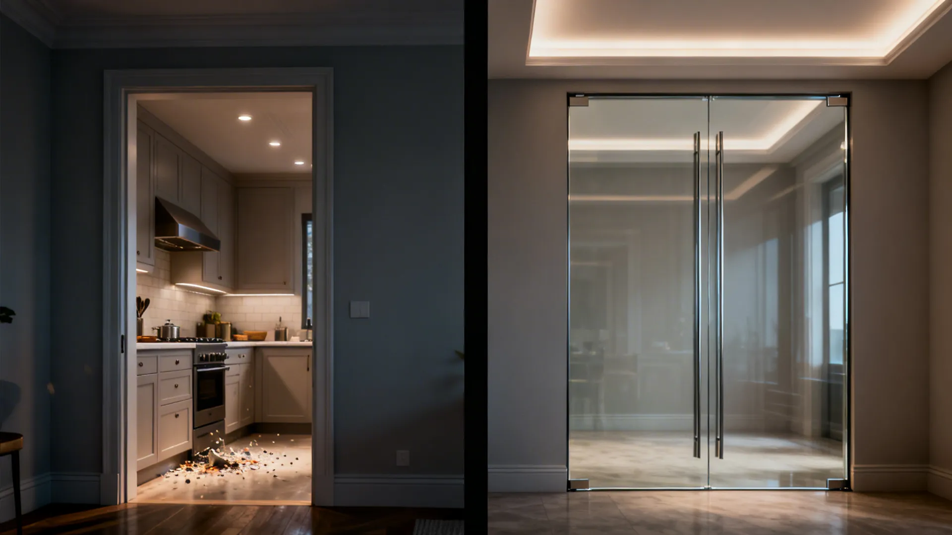 Before-and-after view of a kitchen entry transformed by a full-height glass pivot door.