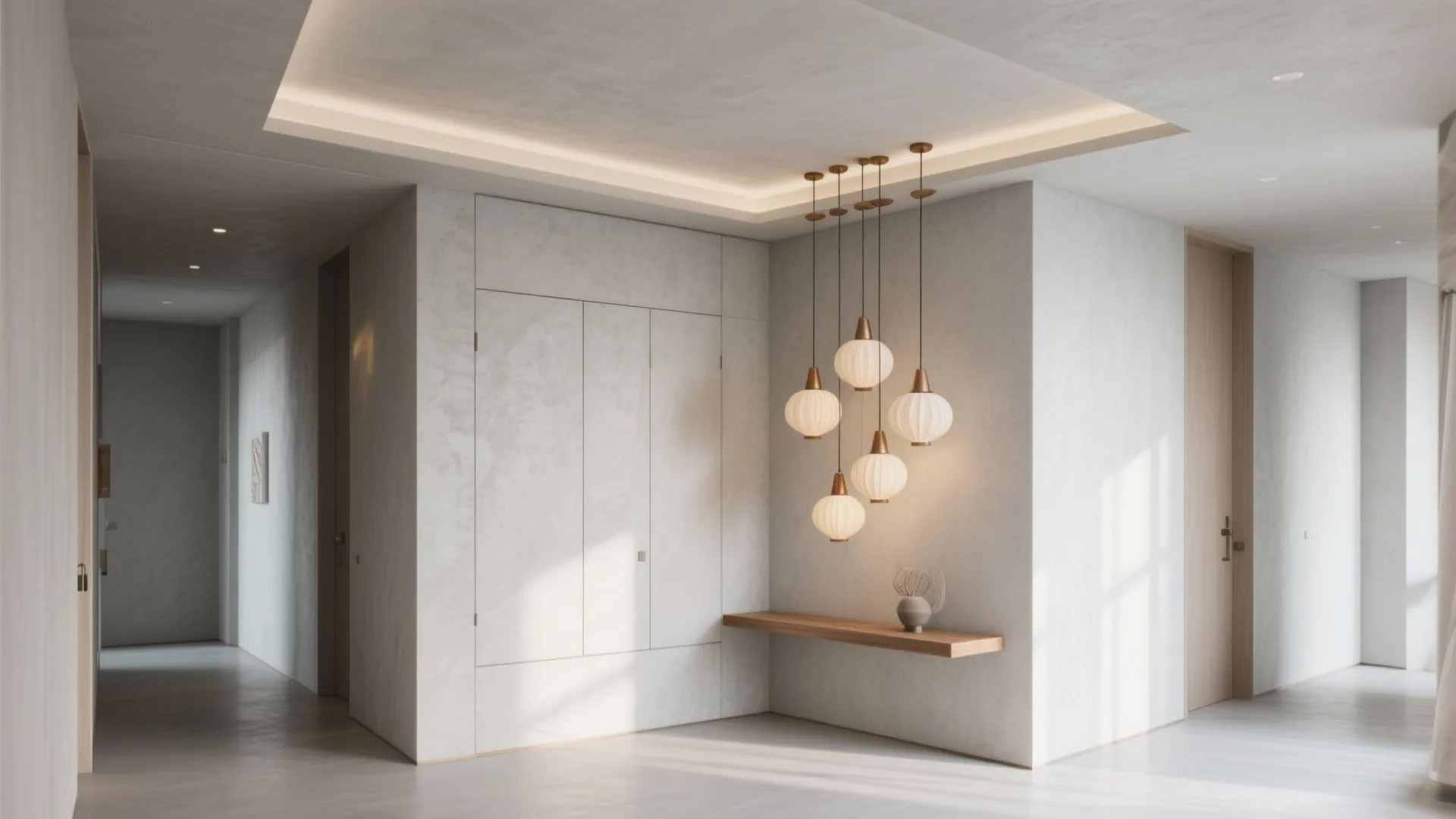 Modern white hallway with hanging globe ceiling lights a wooden floating shelf and white doors