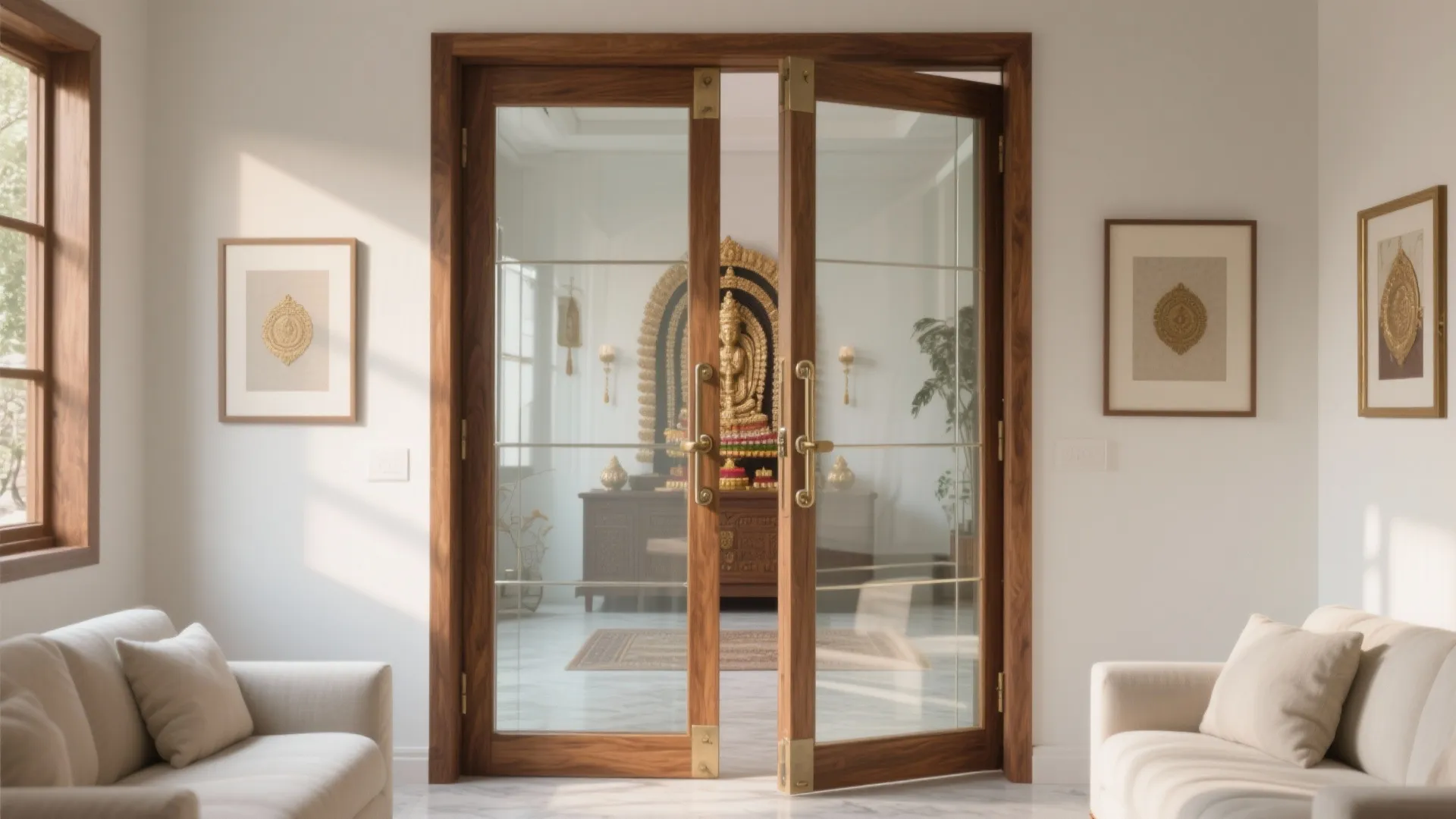 Clear tempered glass pooja door with a teak frame and discreet pivot hinges, showcasing a warm shrine niche.