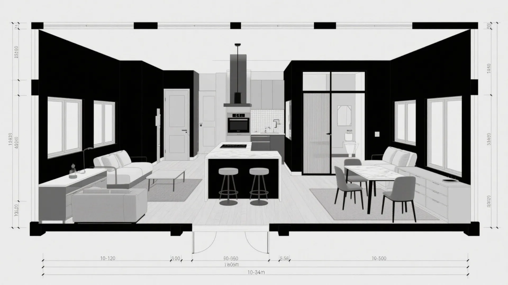 Interior design drawing showing kitchen island, living area, dining table, and modern room layout details