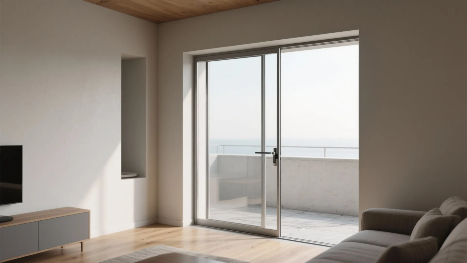 Minimalist living room with sliding glass door opening to a balcony with a sea view