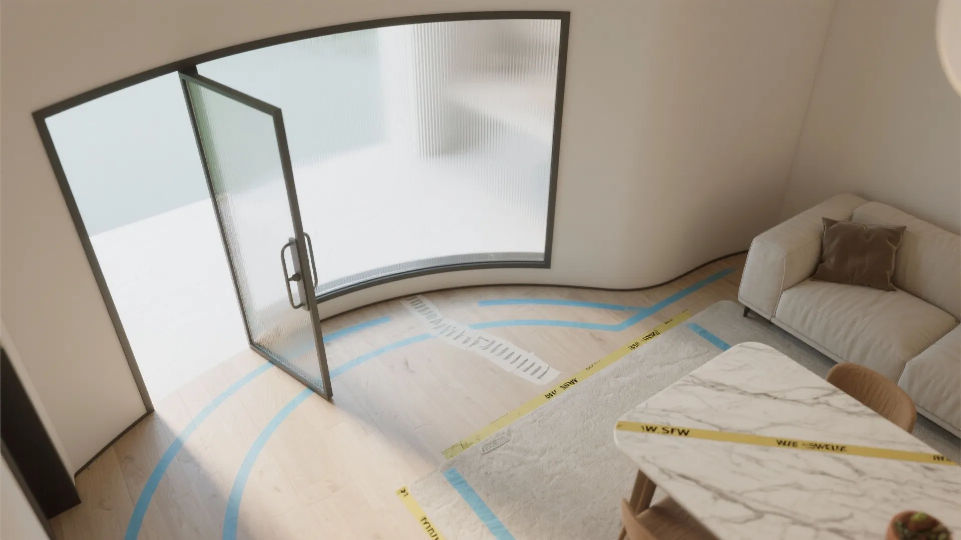 5) Curved panels or a pivot door to soften circulation