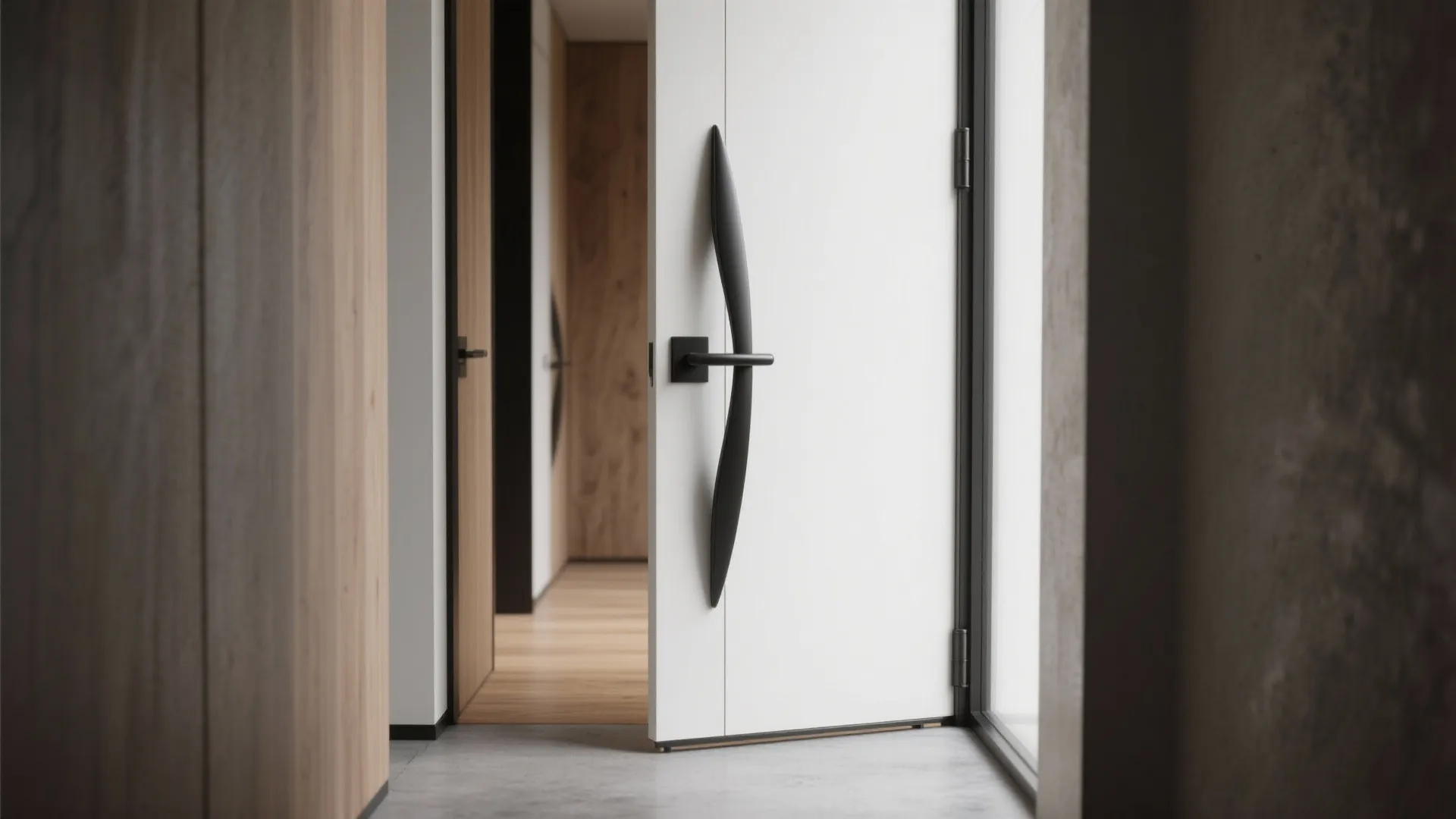 Slim-profile pivot door in a narrow entryway, showing central pivot, slim frame and sculptural handle.