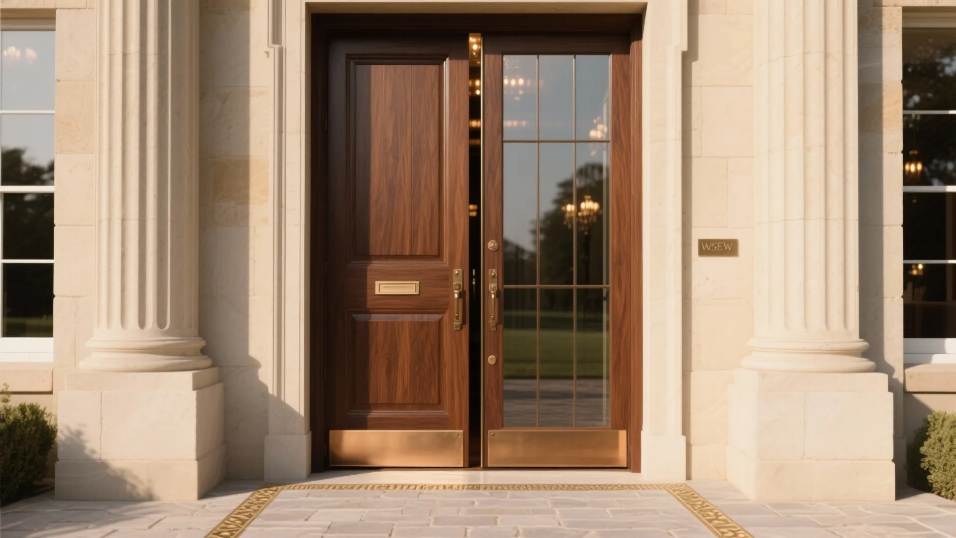 Grand doors with concealed pivot and stone jambs