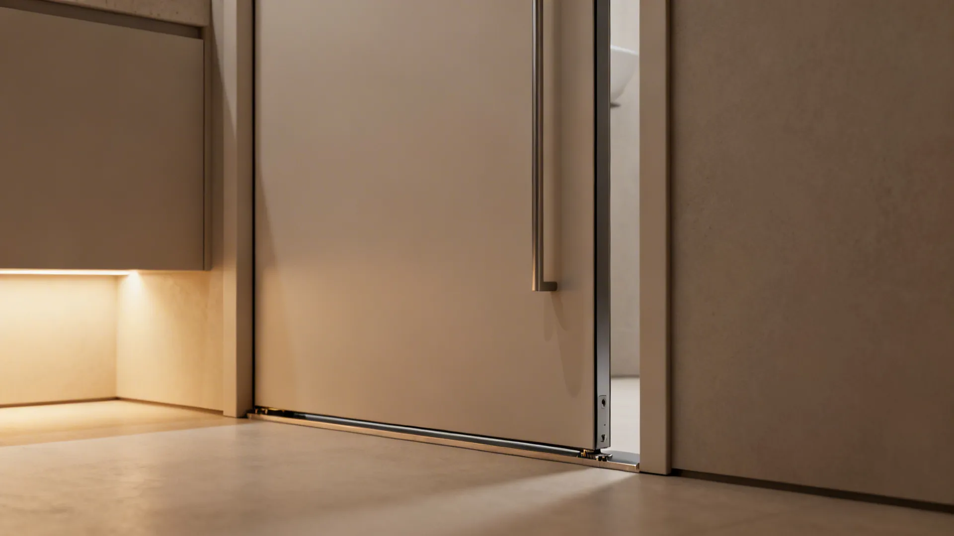 Slim-profile pivot door at a powder room entrance with visible pivot hardware.