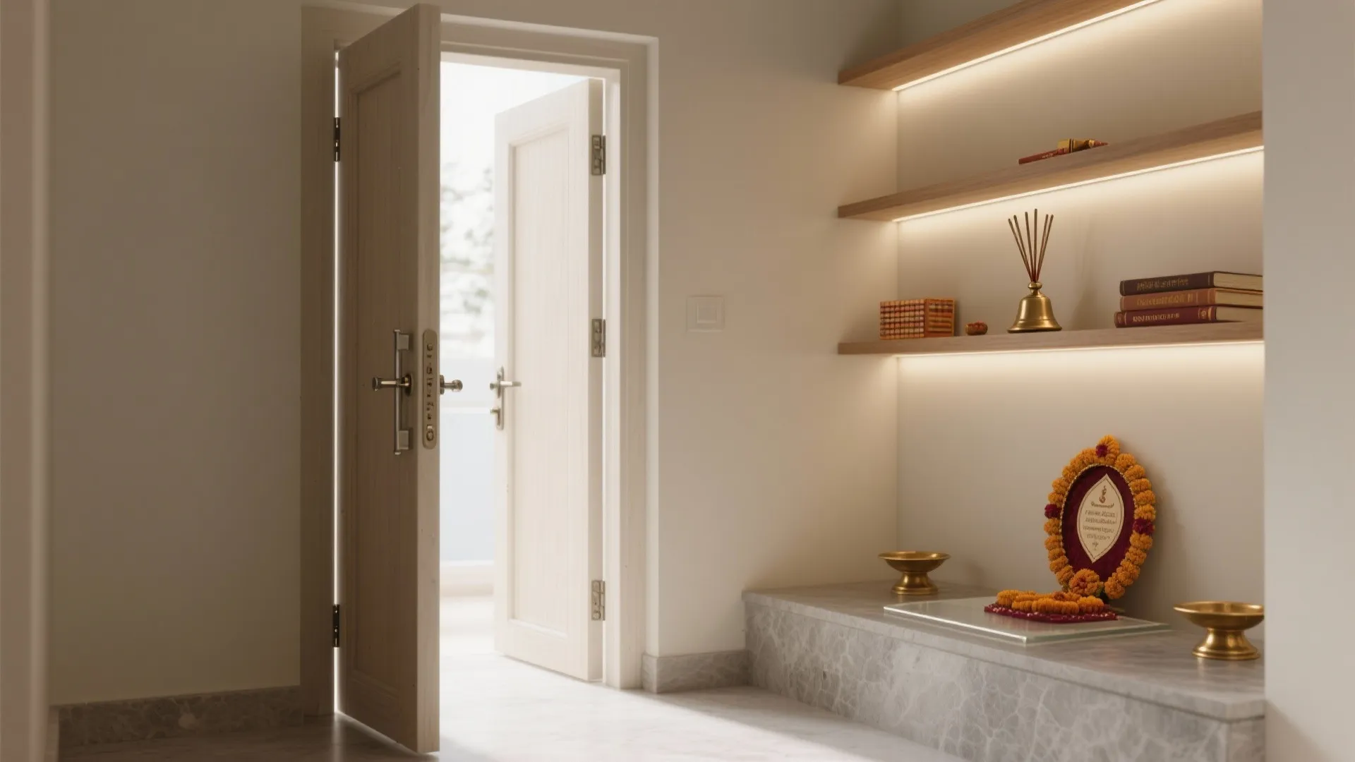 Single pivot door pooja nook with integrated slim storage jamb and clear frontal space.