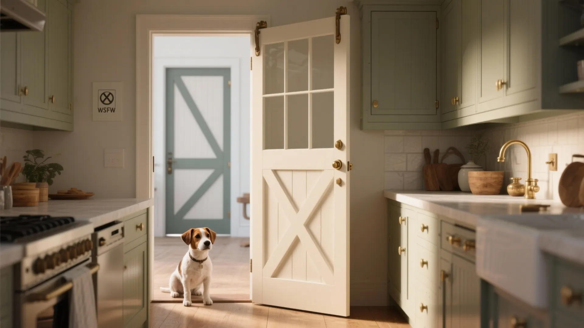 Kitchen with green cabinets and a small dog sitting in front of an open door