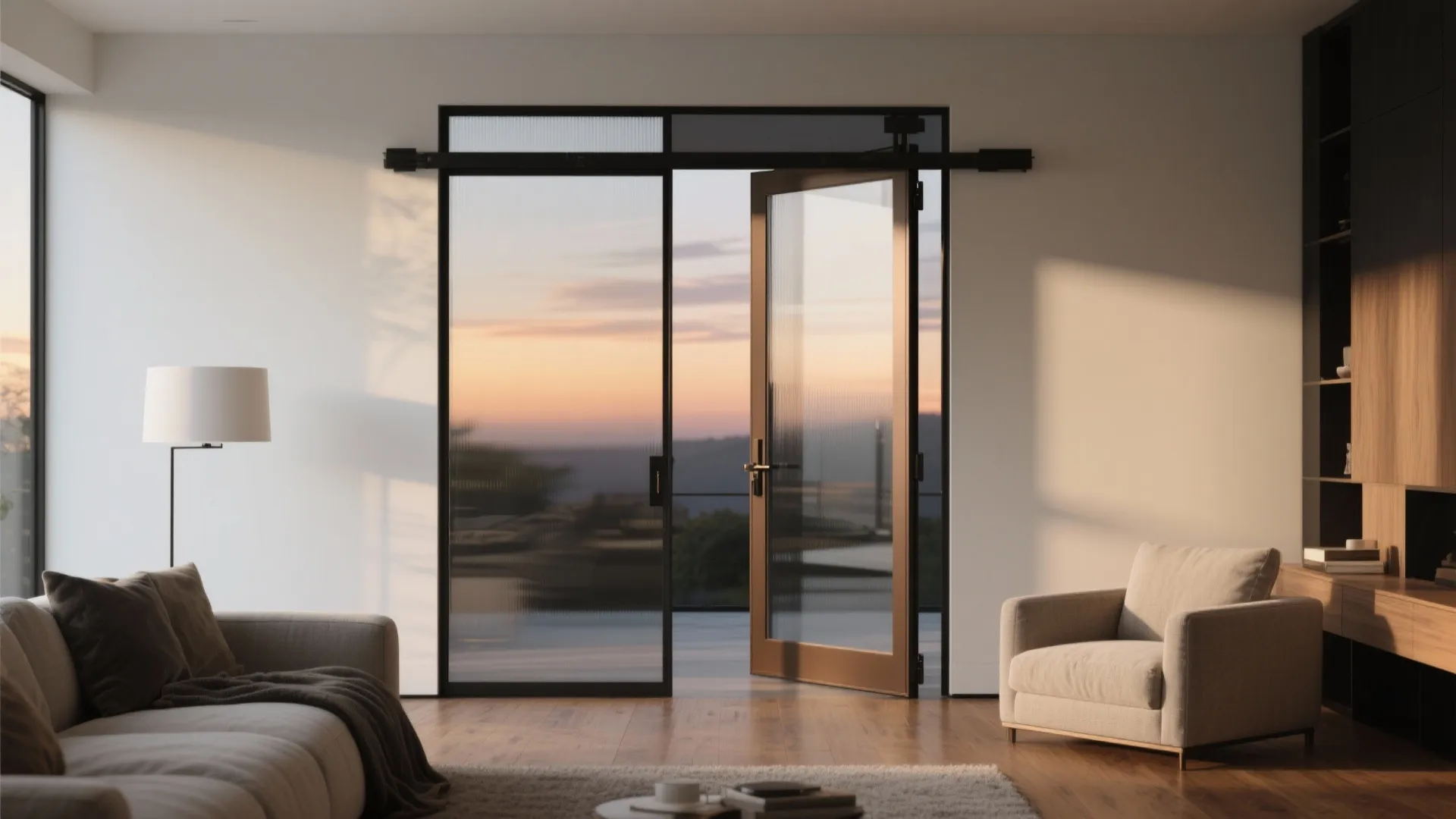Modern living room featuring a glass pivot door opening to a balcony with sunset view
