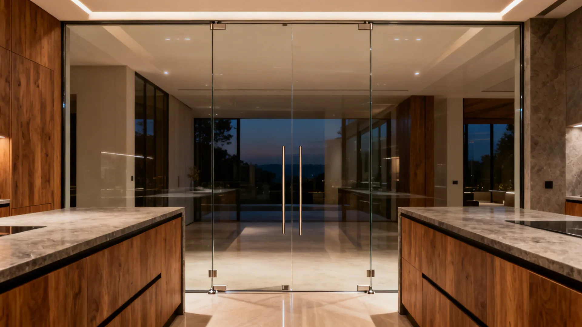 Full-height clear glass pivot door with minimal hardware at a modern kitchen entry.