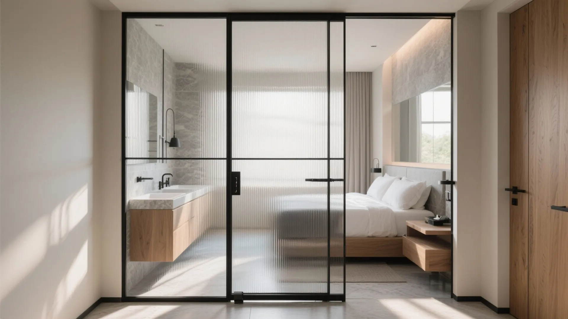 Large glass door partition between master bedroom and bathroom showing wooden cabinet and white bed