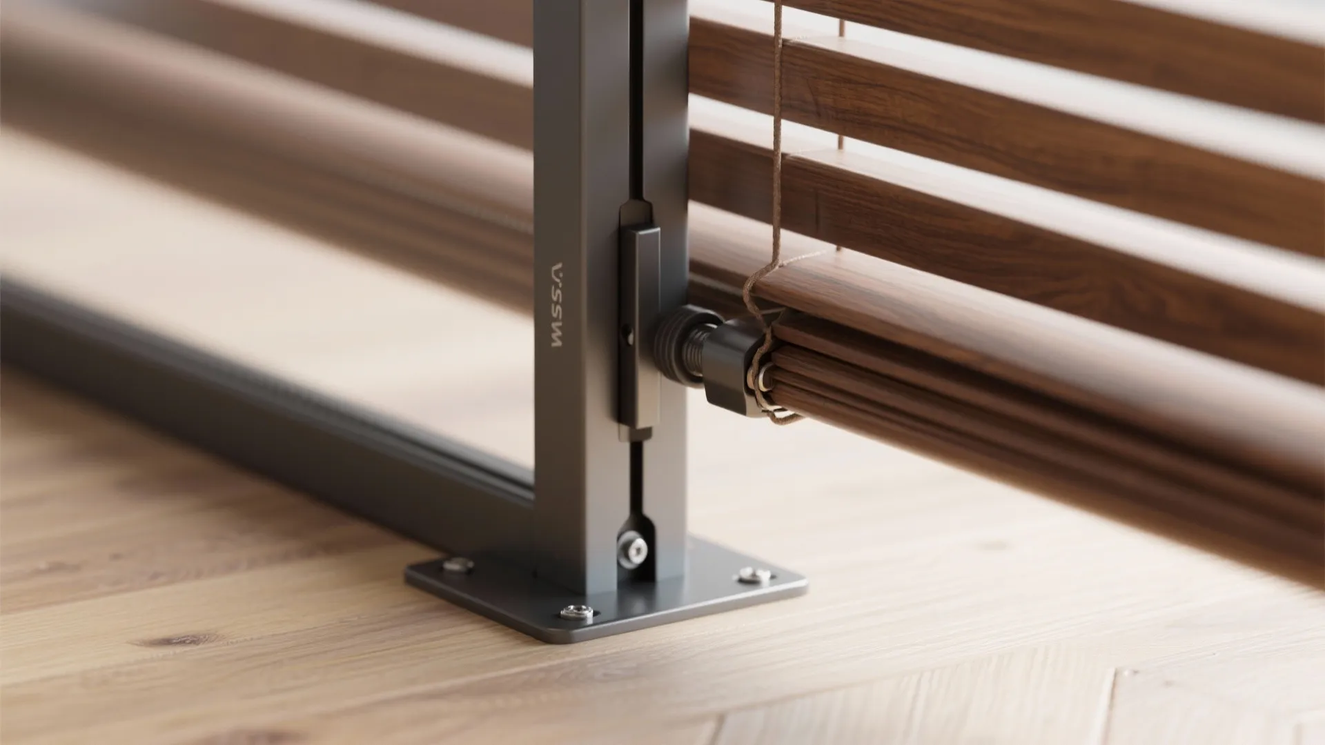 Metal support post for window blinds showing hardware details on a light colored wooden floor