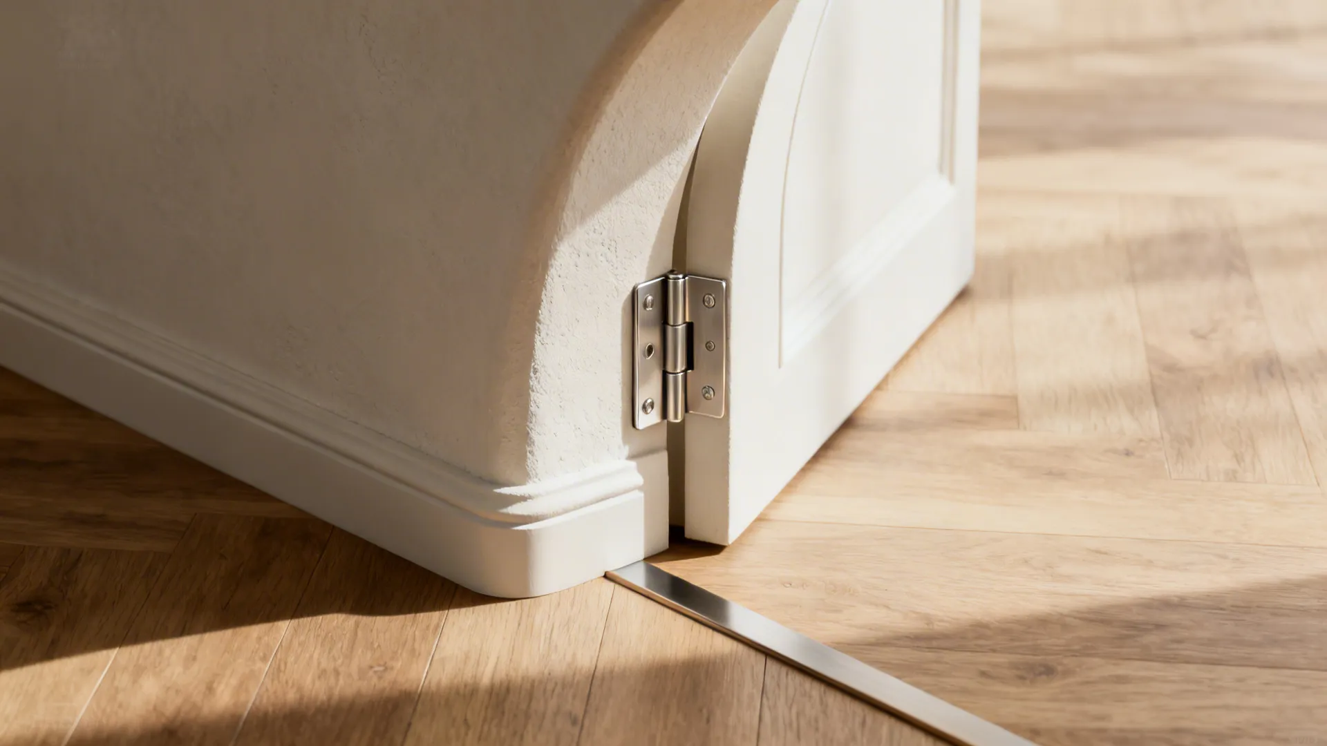 Macro of clear glass pivot hardware set in a smooth plaster arch with refined metal and plaster junctions.