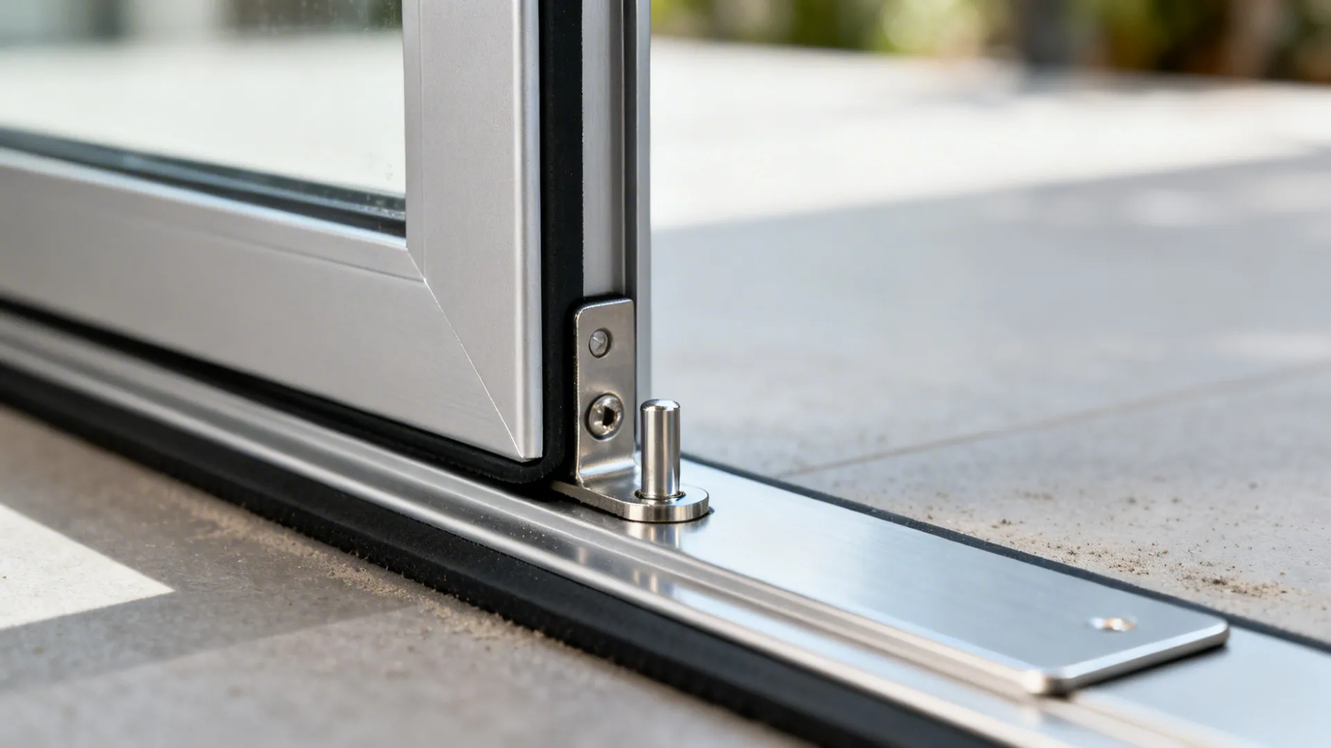 Macro of aluminium pivot door hardware with precise floor pivot and clean threshold detailing.